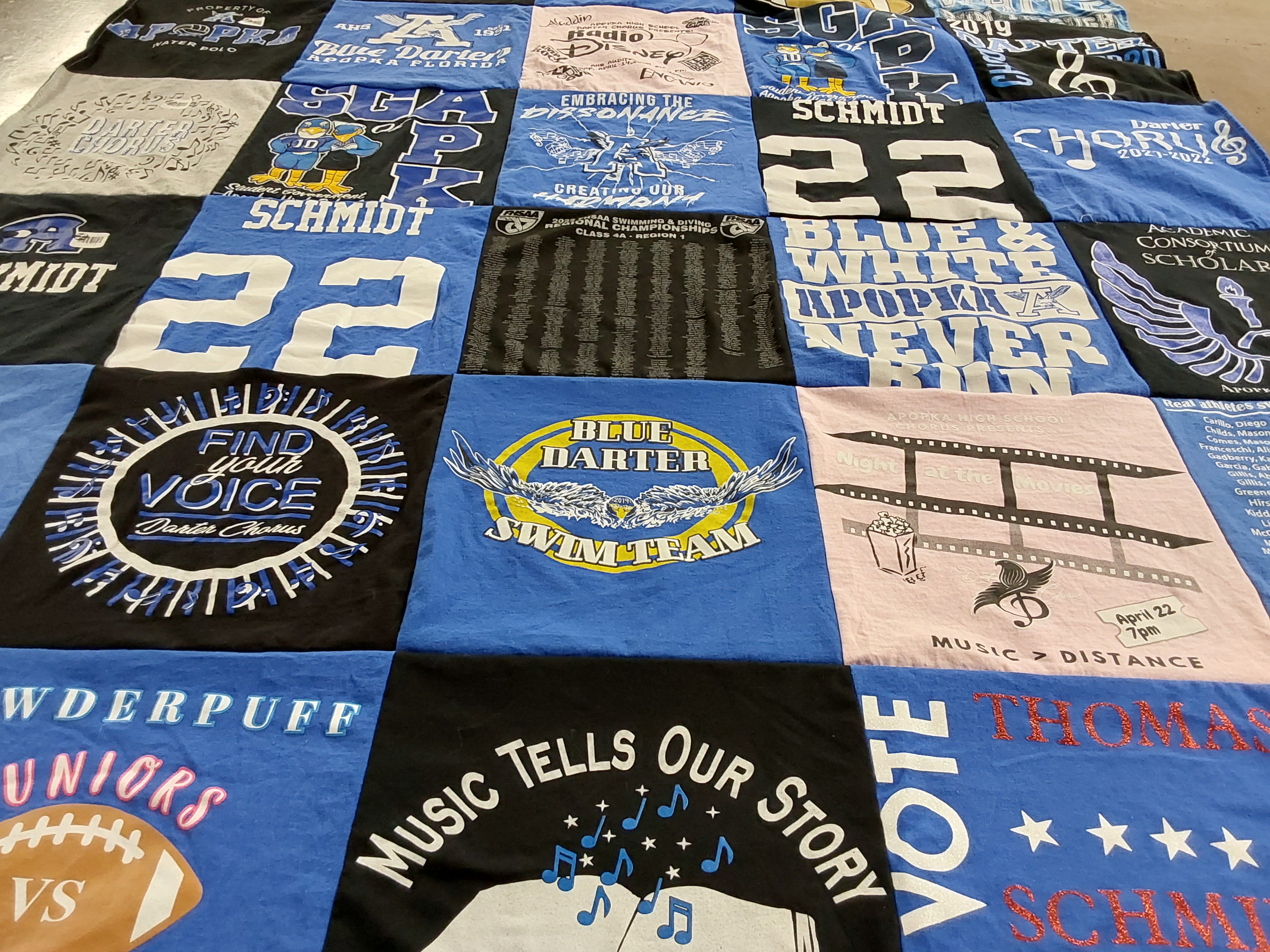 T-shirt quilt featuring blue darter swim team by Danielle from FL