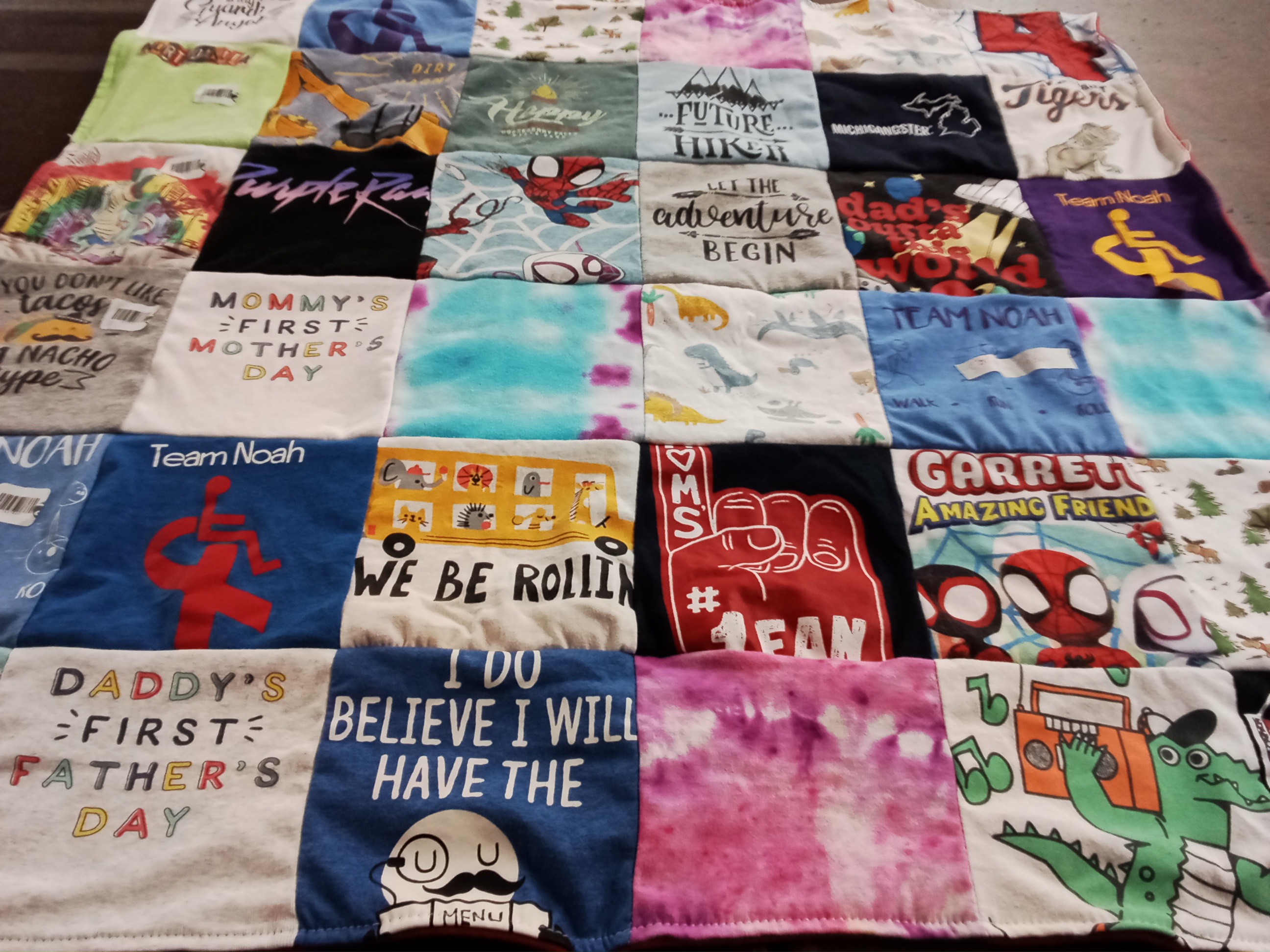 T-shirt quilt with hiking, family themes by Licia from MN