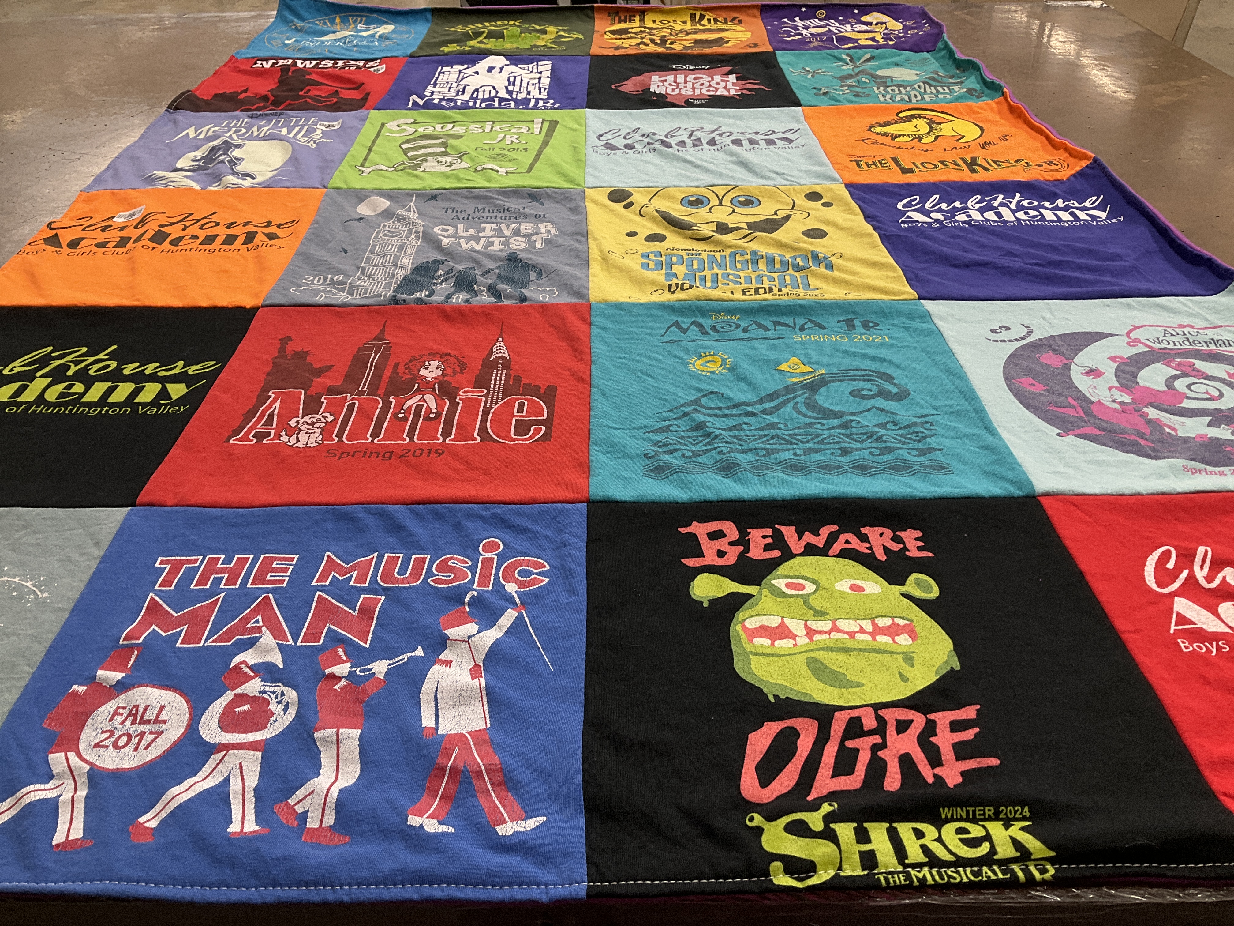 T-shirt quilt with theater, musicals themes by Genie from CA