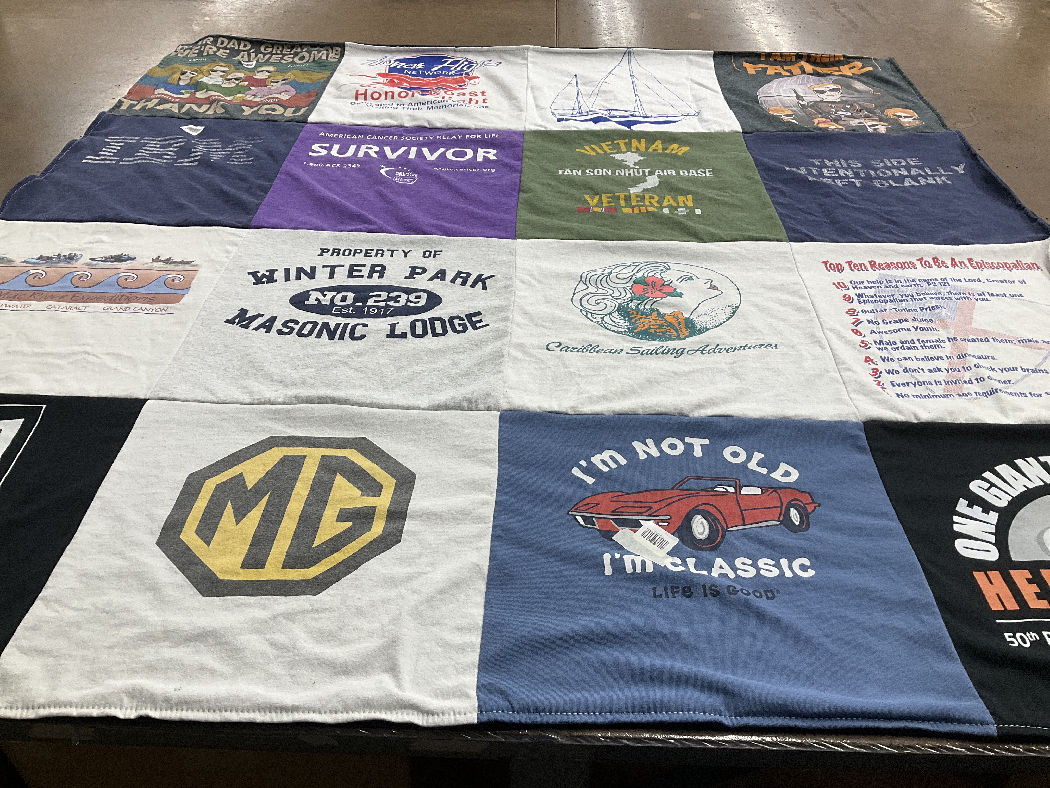 T-shirt quilt with sailing, veterans support themes by Jennifer from TX