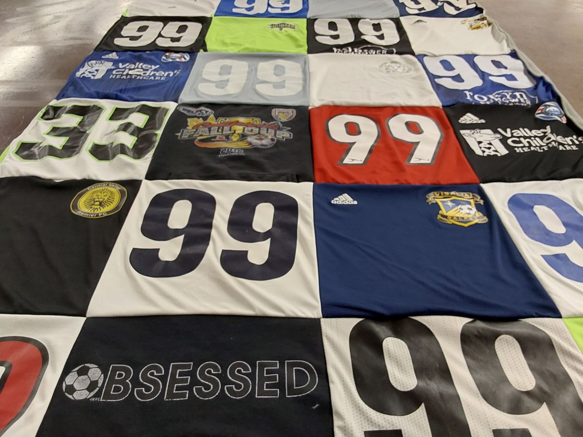 T-shirt quilt with soccer themes by Jessica from CA