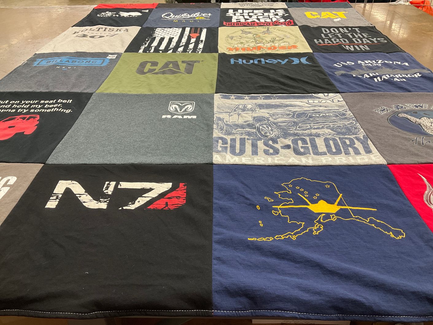 T-shirt quilt with outdoor activities, driving themes by Sara from AK