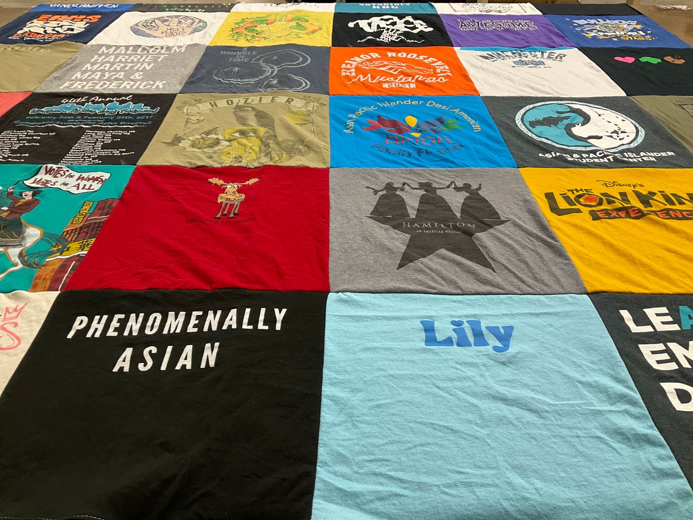 T-shirt quilt with theater, music themes by Lily from CA