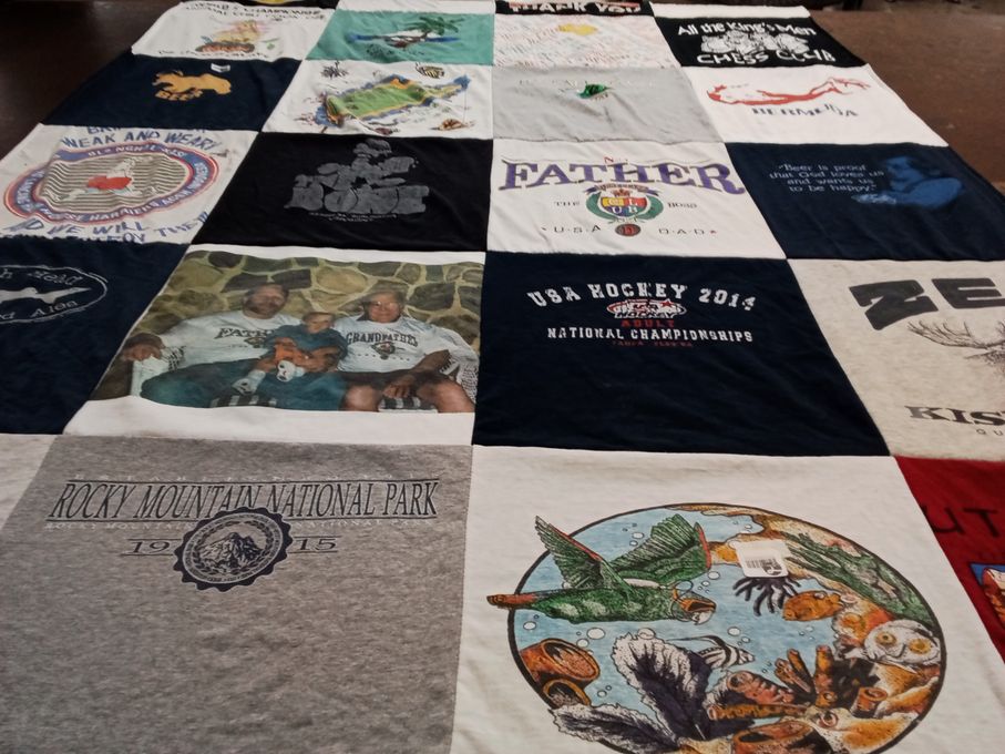 T-shirt quilt with nature, hockey themes by Antoinette from NJ