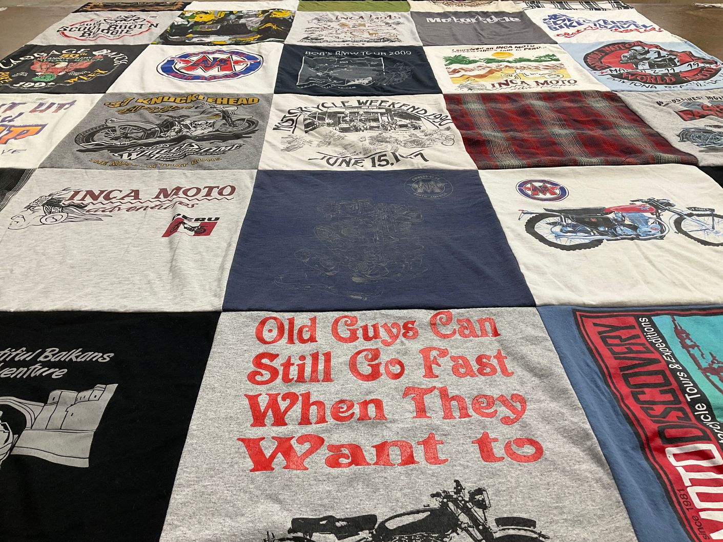 T-shirt quilt with motorcycles, adventure themes by Ricky from MD