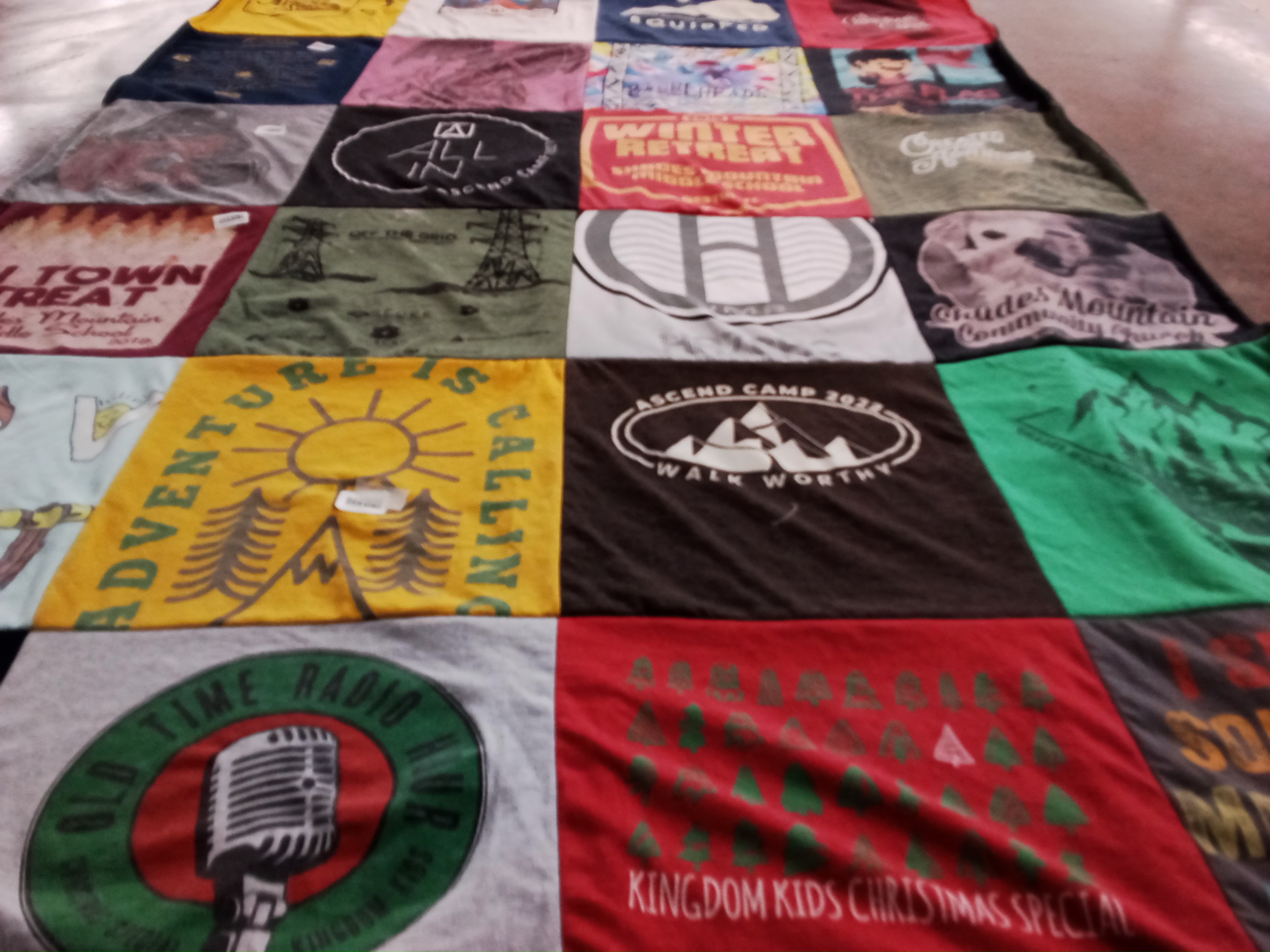 T-shirt quilt with camping, radio themes by Nikki from AL