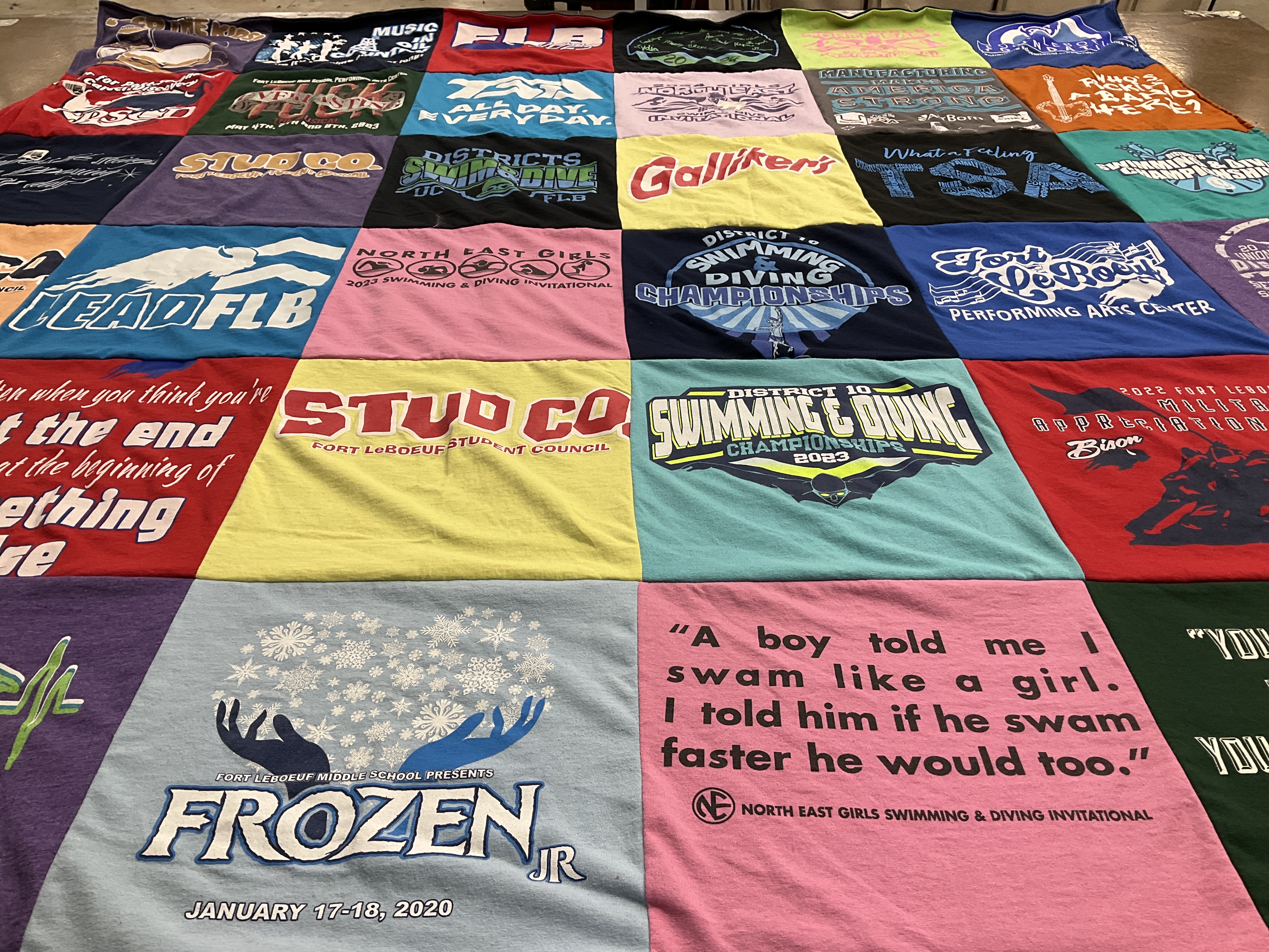 T-shirt quilt featuring fort leboeuf swimming and diving team by Emma from PA