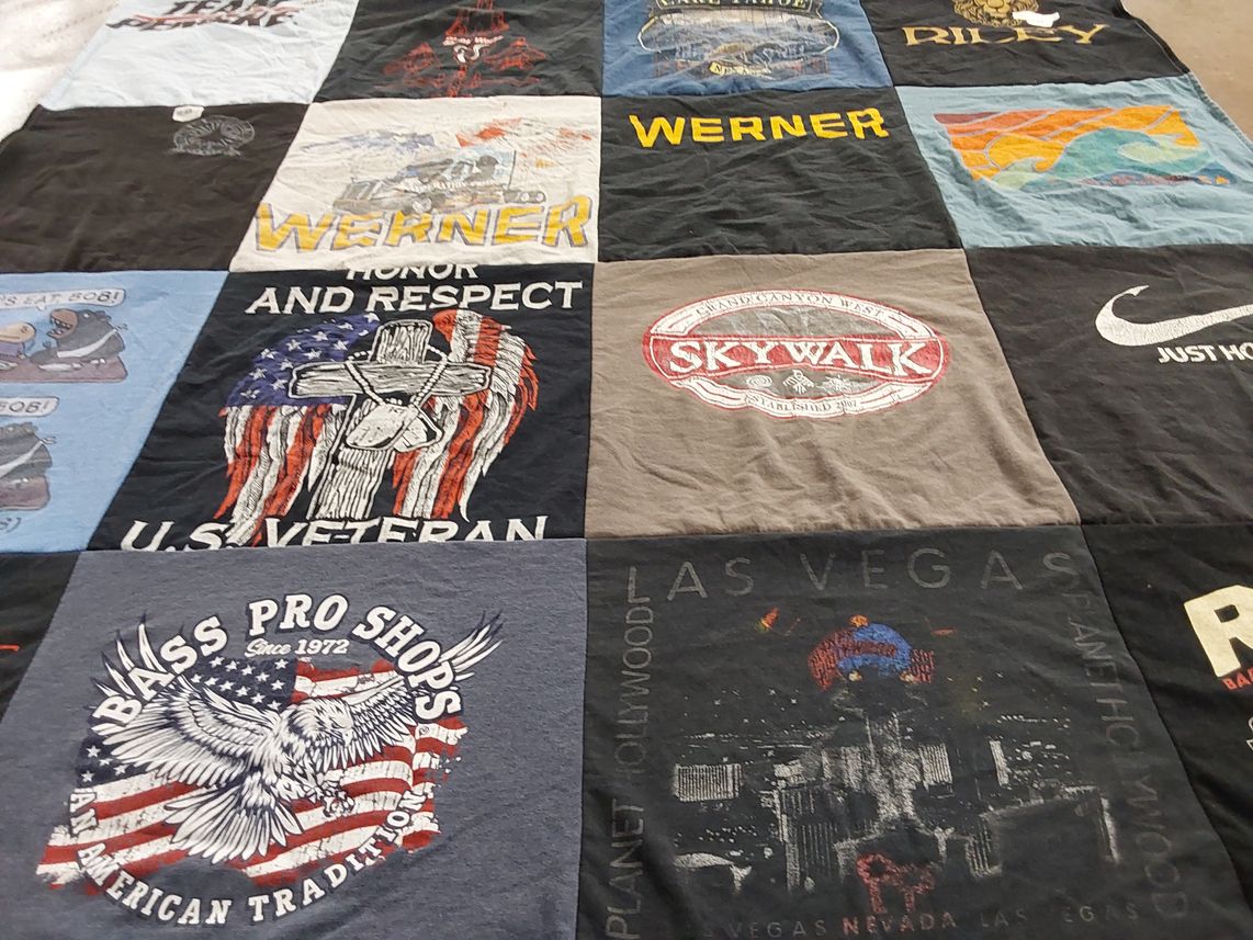 T-shirt quilt with veteran support, outdoor activities themes by Joy from CA