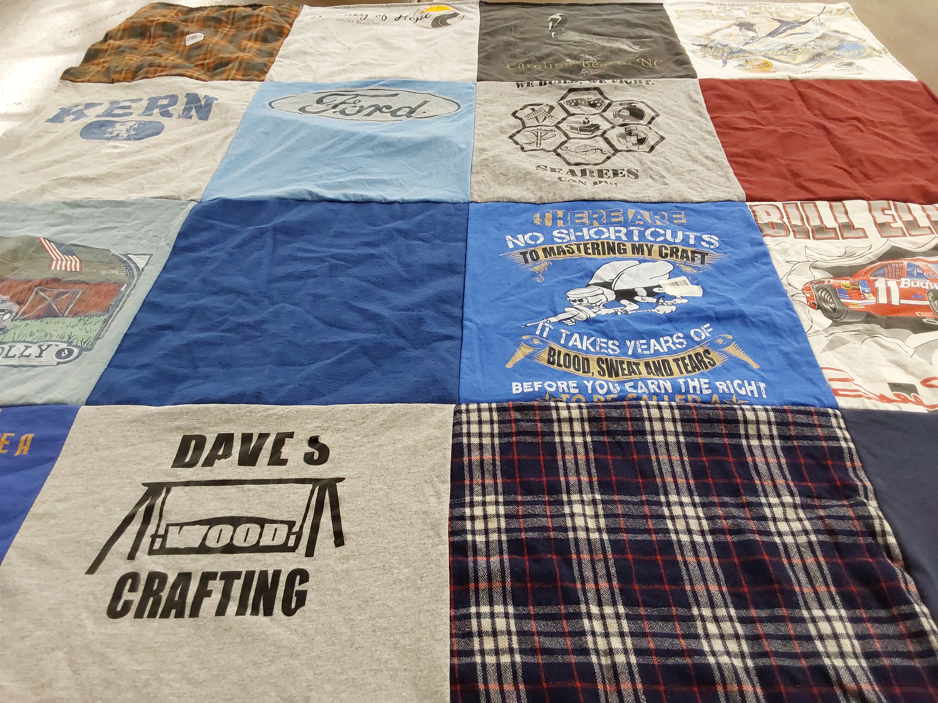T-shirt quilt with woodworking, automotive themes by Kari from NC