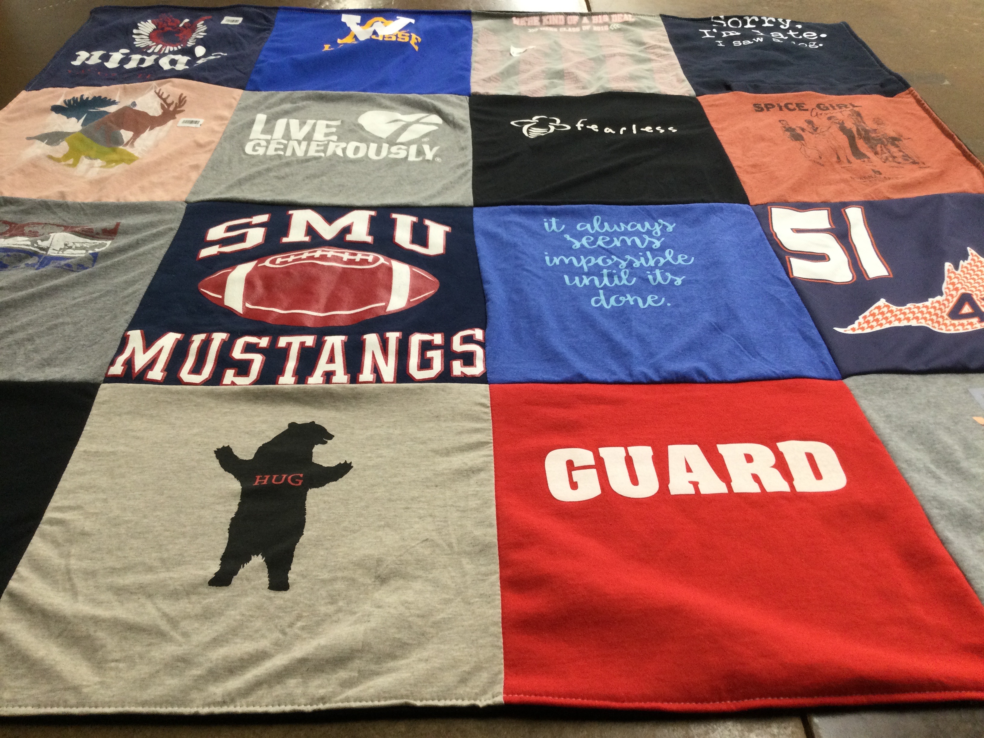 T-shirt quilt featuring southern methodist university mustangs by Jennie from VA