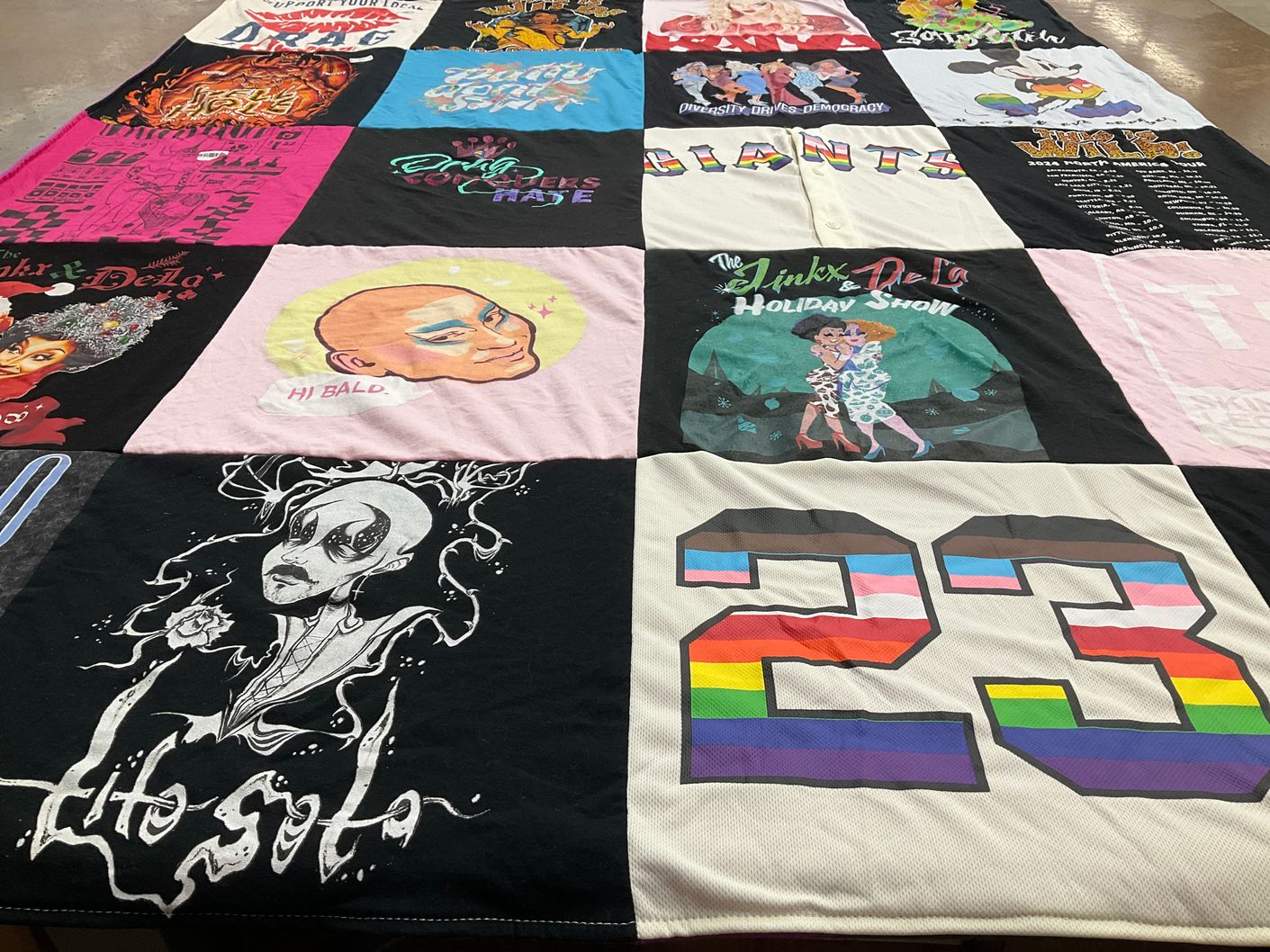 T-shirt quilt with drag culture, art themes by Samantha from CA