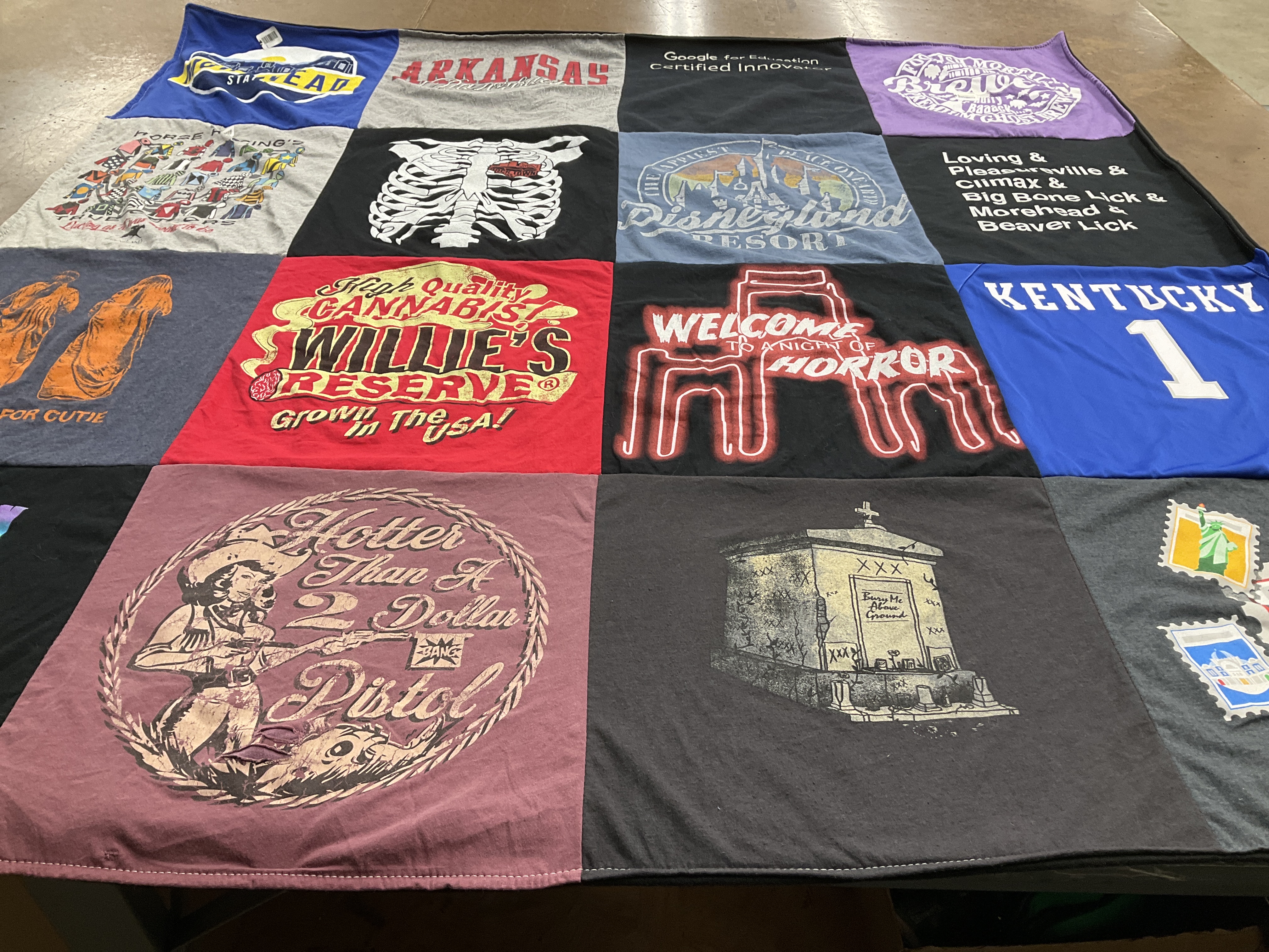 T-shirt quilt with cannabis, travel themes by Samantha from CA