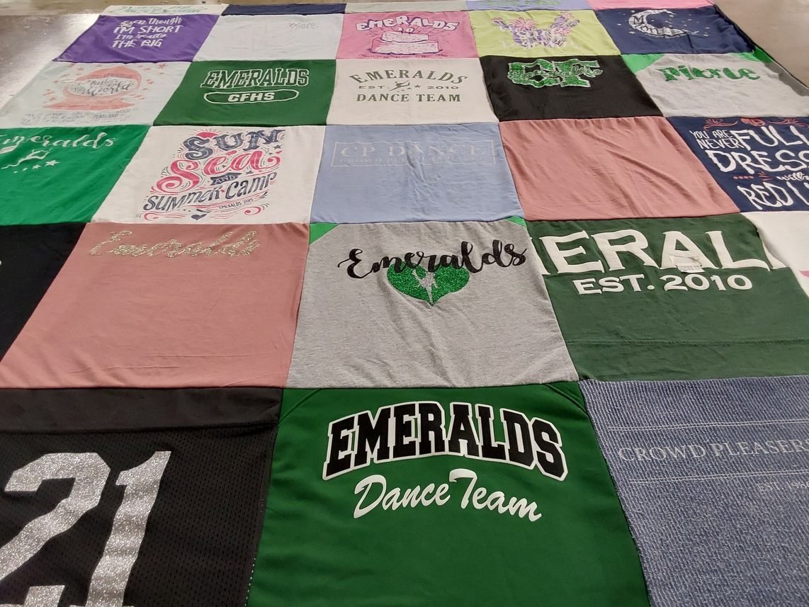 T-shirt quilt featuring emeralds dance team by Tammy from TX