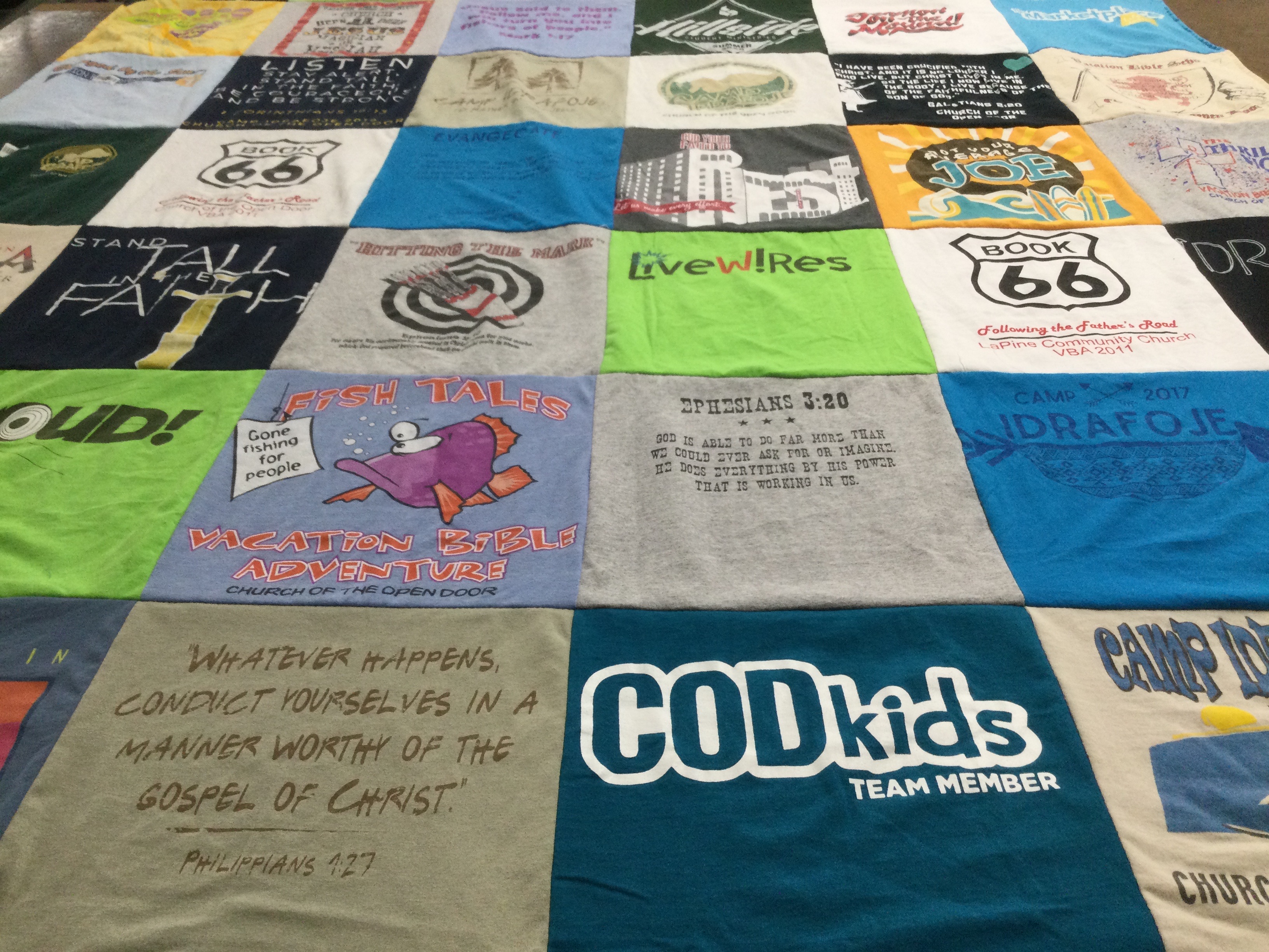 T-shirt quilt with bible study, vacation bible school themes by Tiffany from AZ