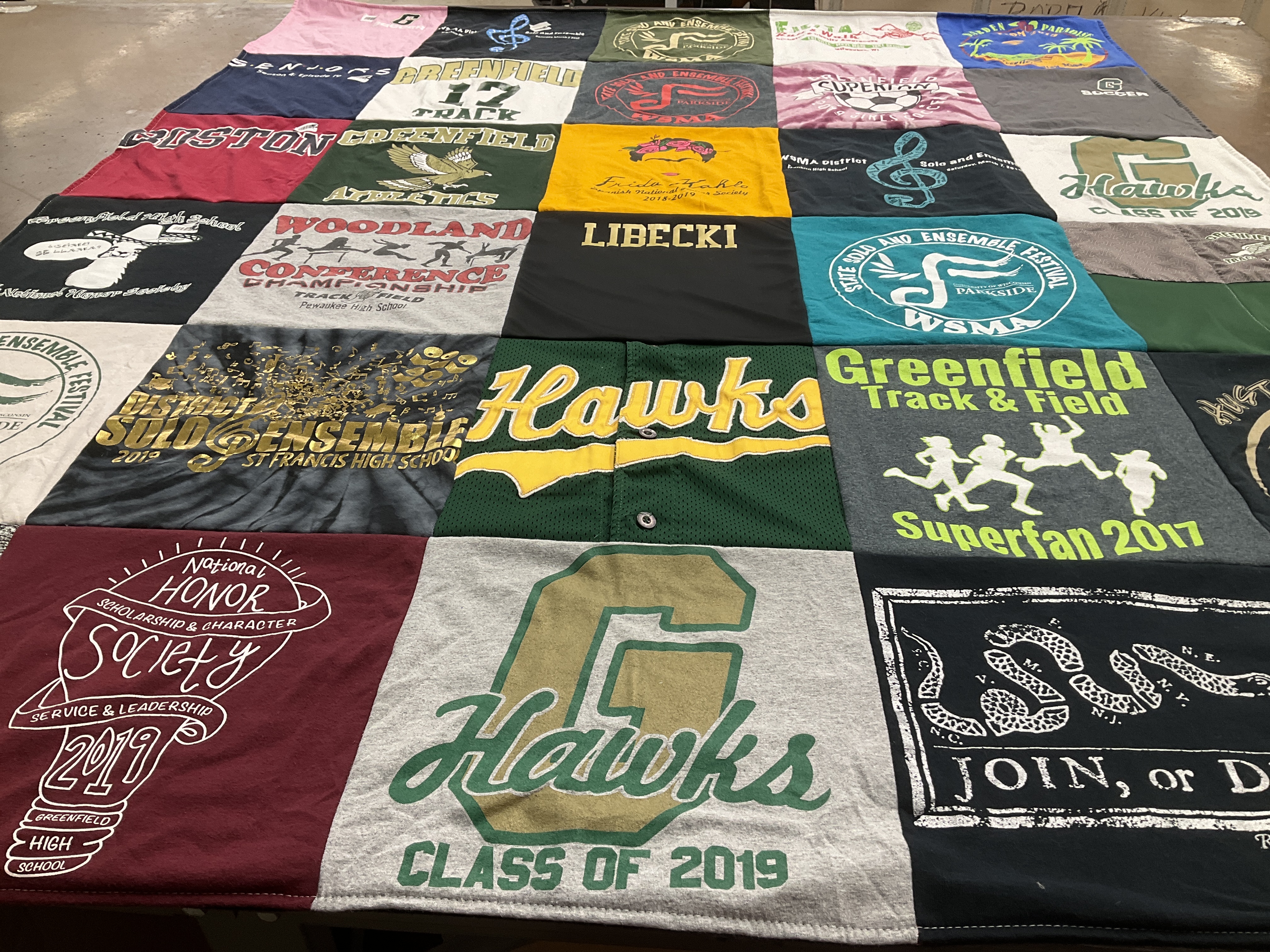 T-shirt quilt featuring greenfield hawks by Cora from WI