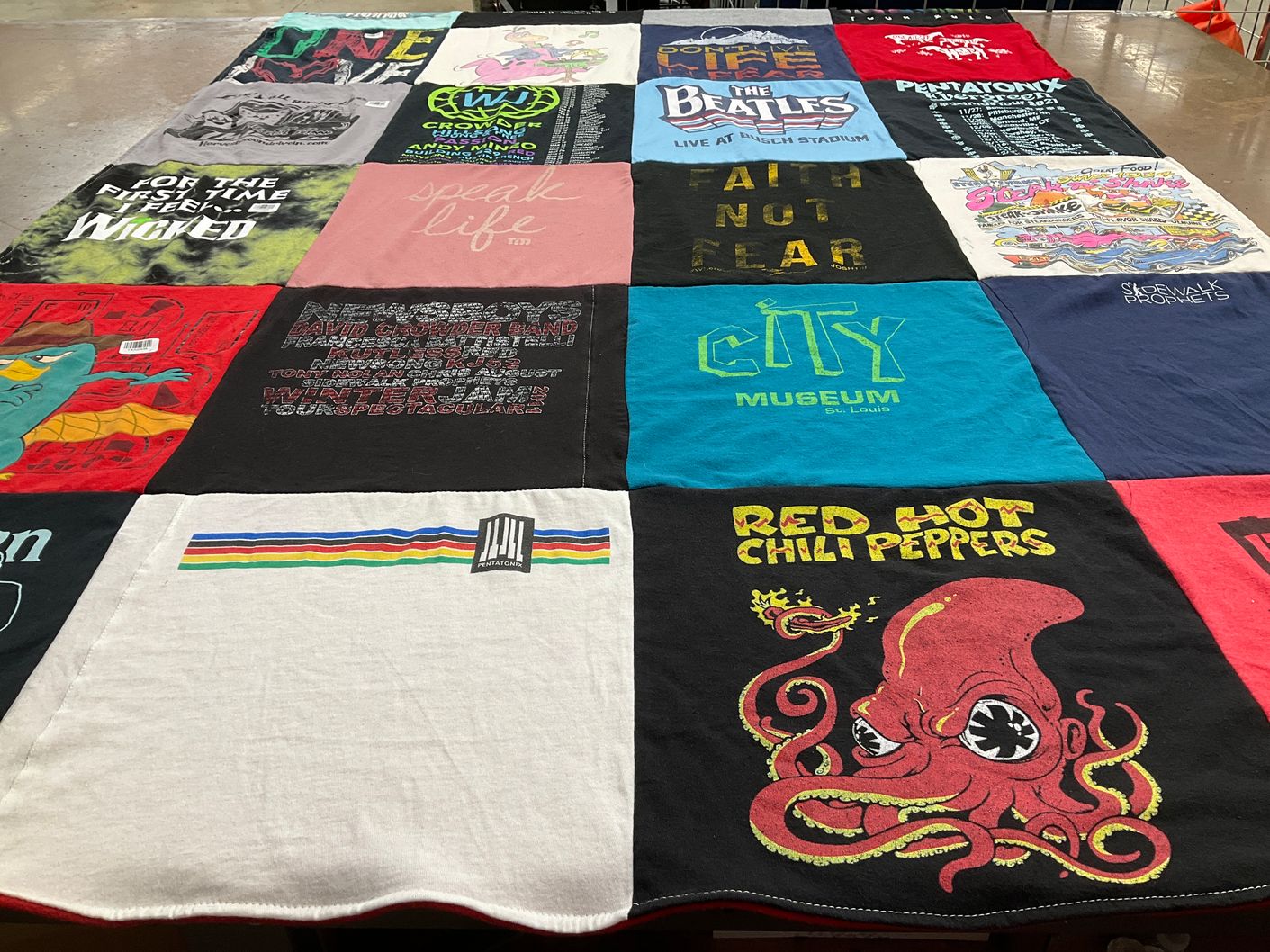T-shirt quilt with music, theater themes by Traci from IL