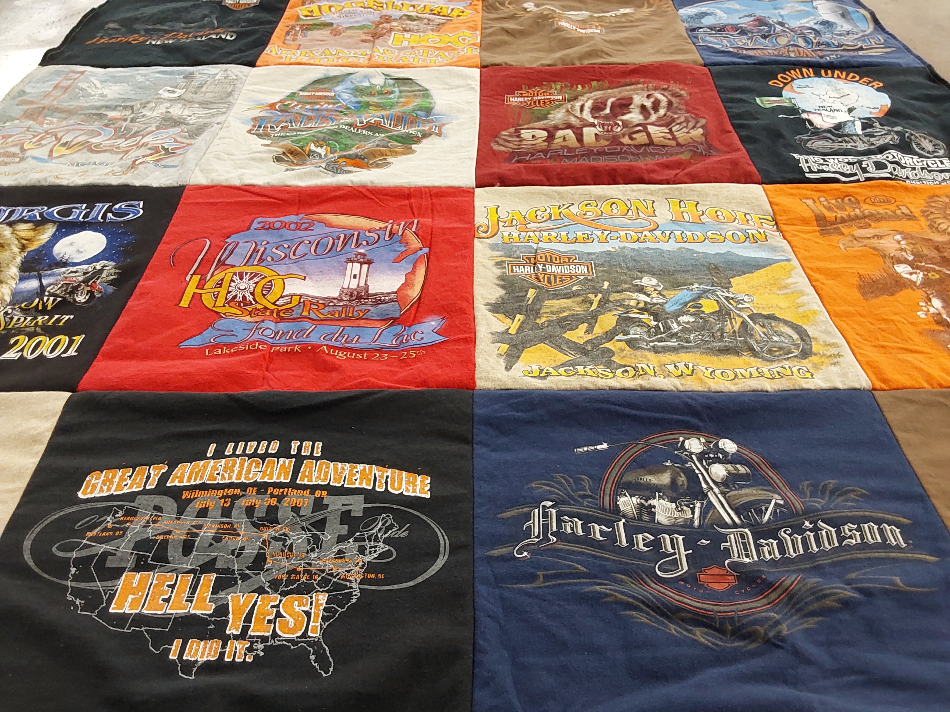 T-shirt quilt with motorcycles, traveling themes by Rosemary from WI
