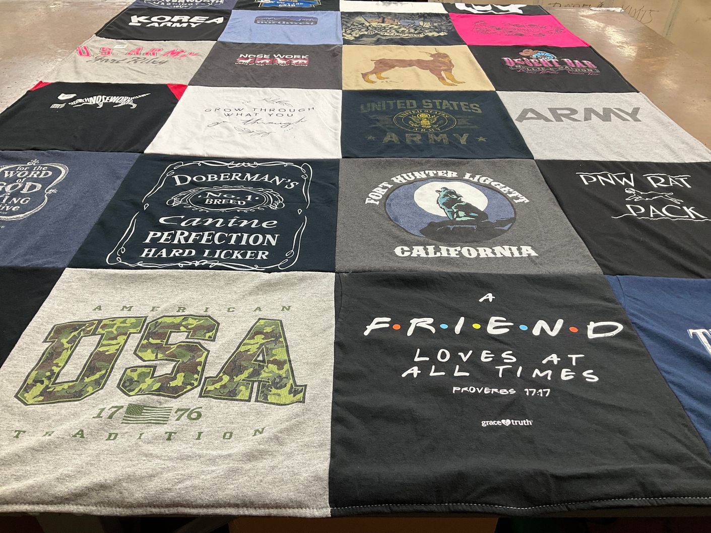 T-shirt quilt with dogs, army service themes by Wendi from WA