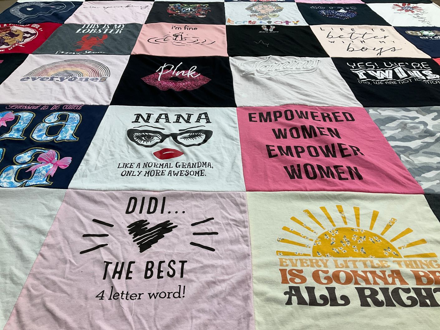 T-shirt quilt with family, empowerment themes by Susan from MA