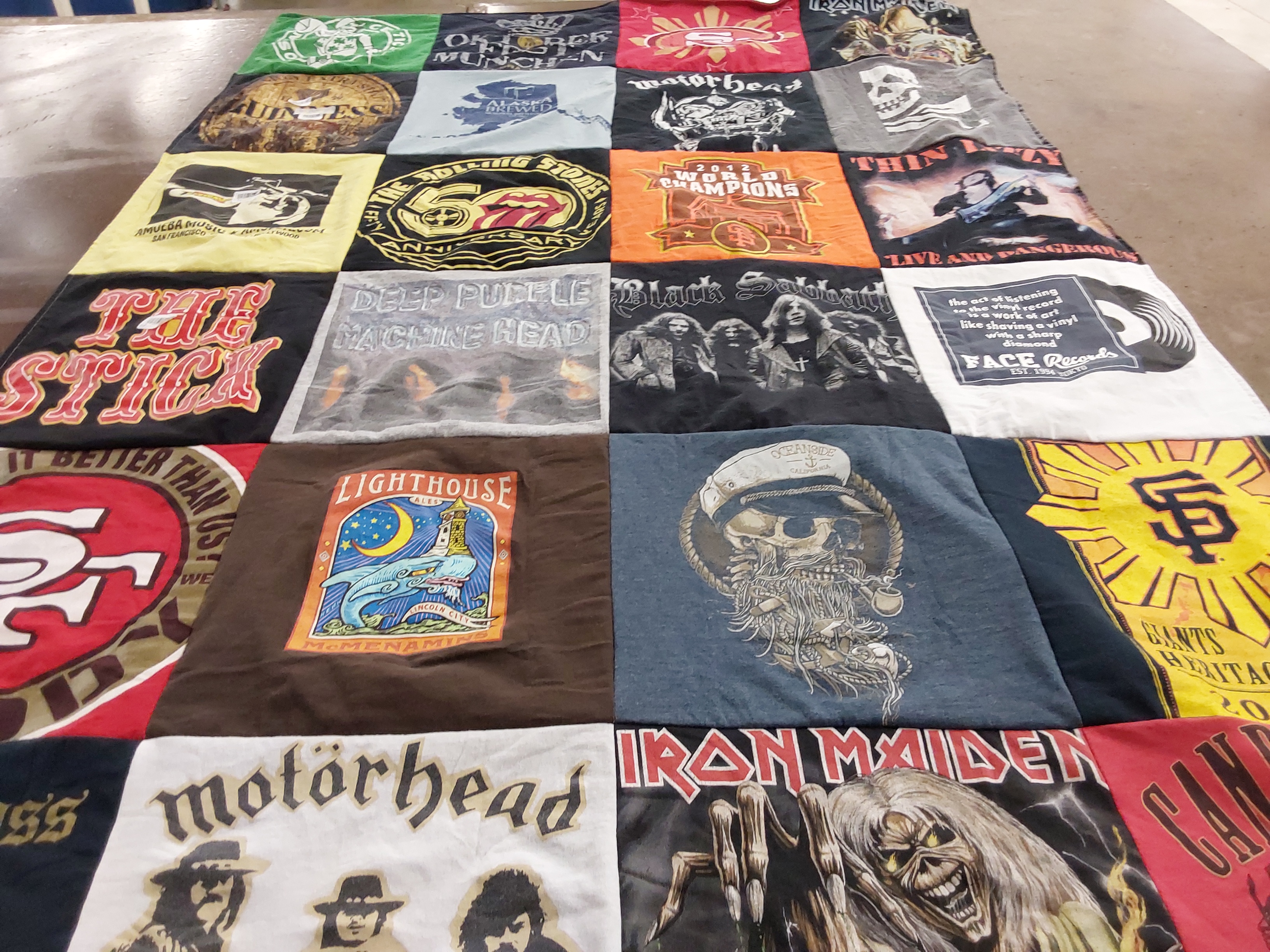 T-shirt quilt with music, rock themes by Rachael from CA