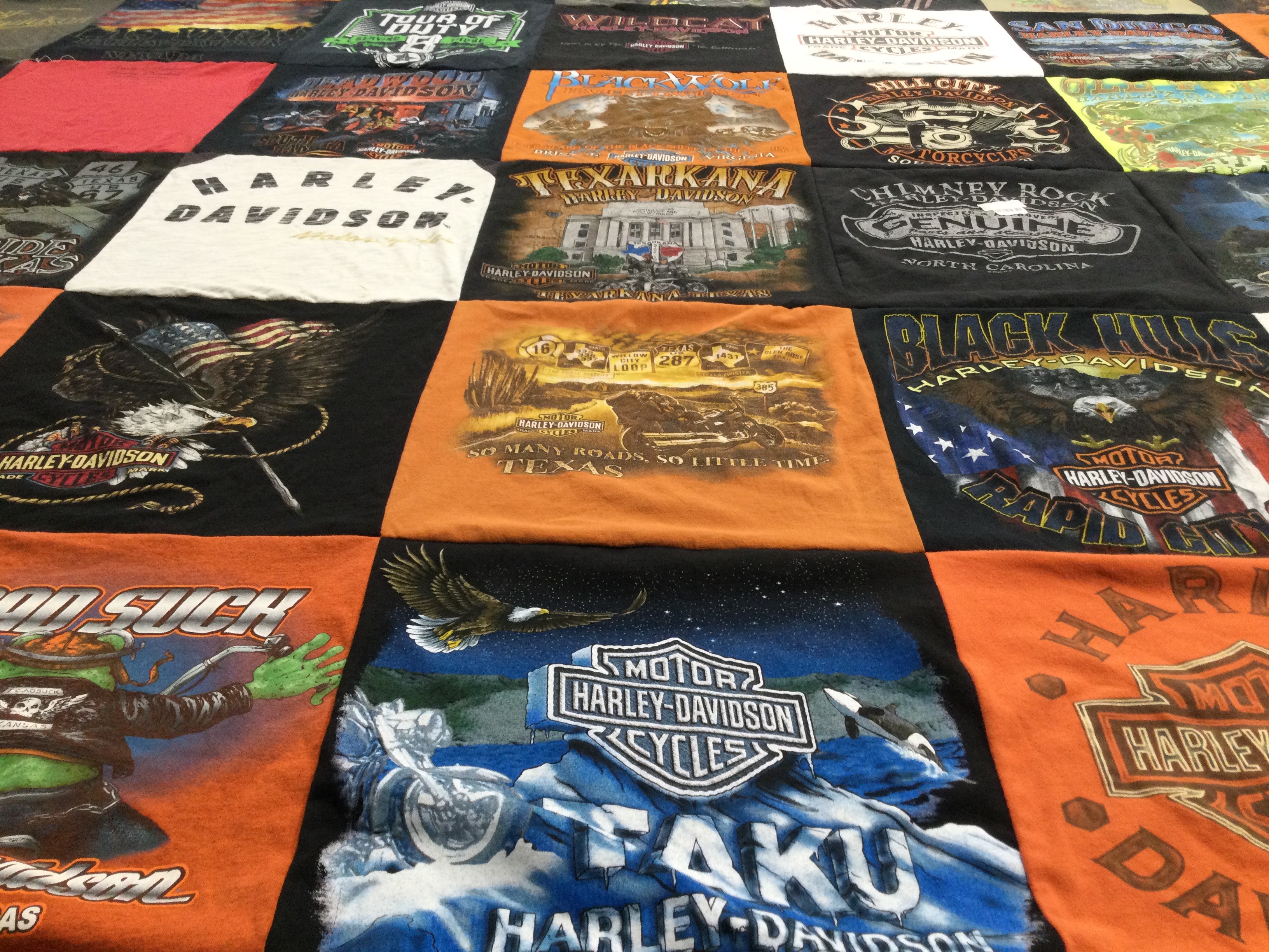 T-shirt quilt with motorcycles, biking themes by Timothy from TN