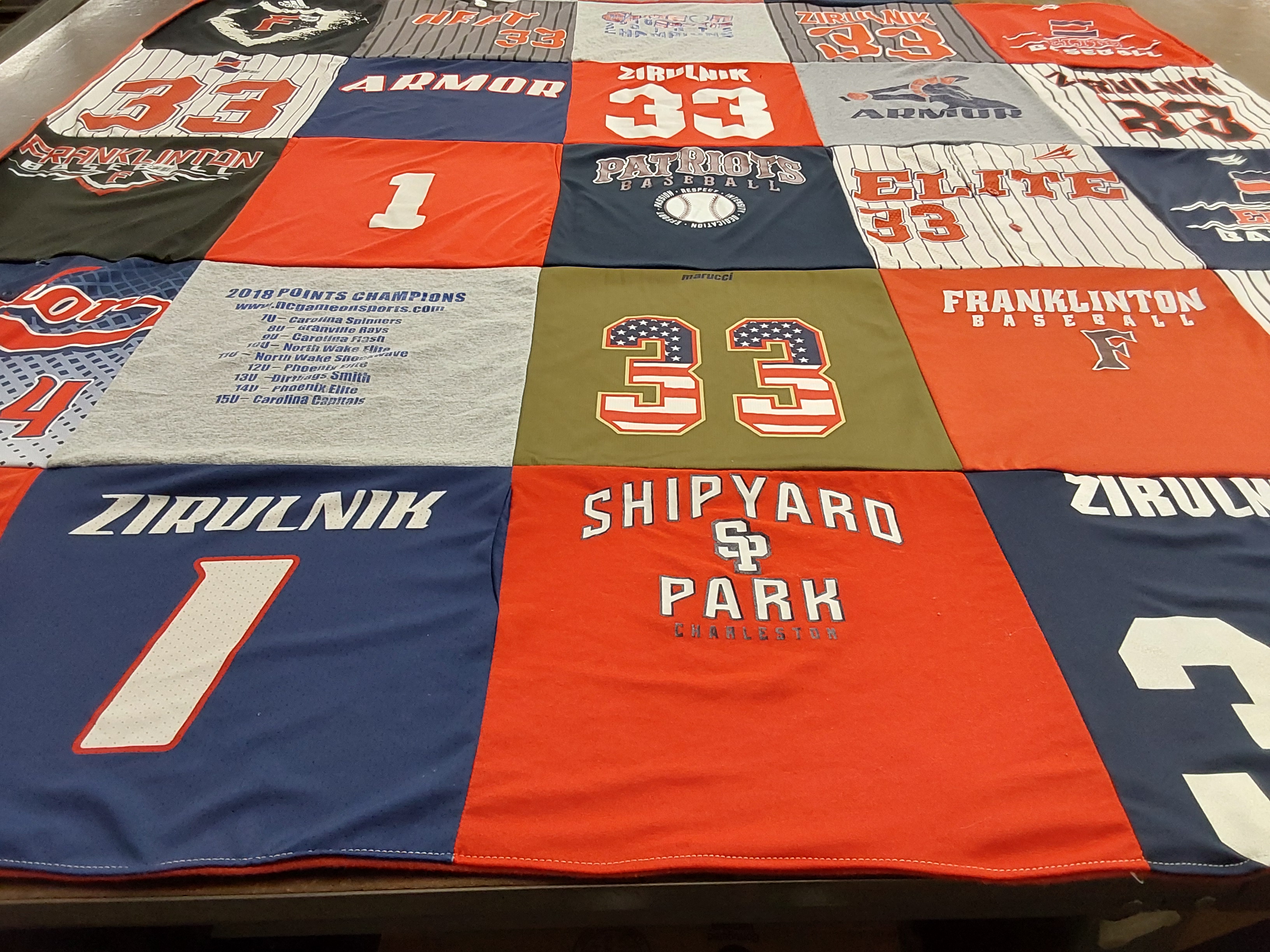 T-shirt quilt with baseball, sports themes by dana from NC