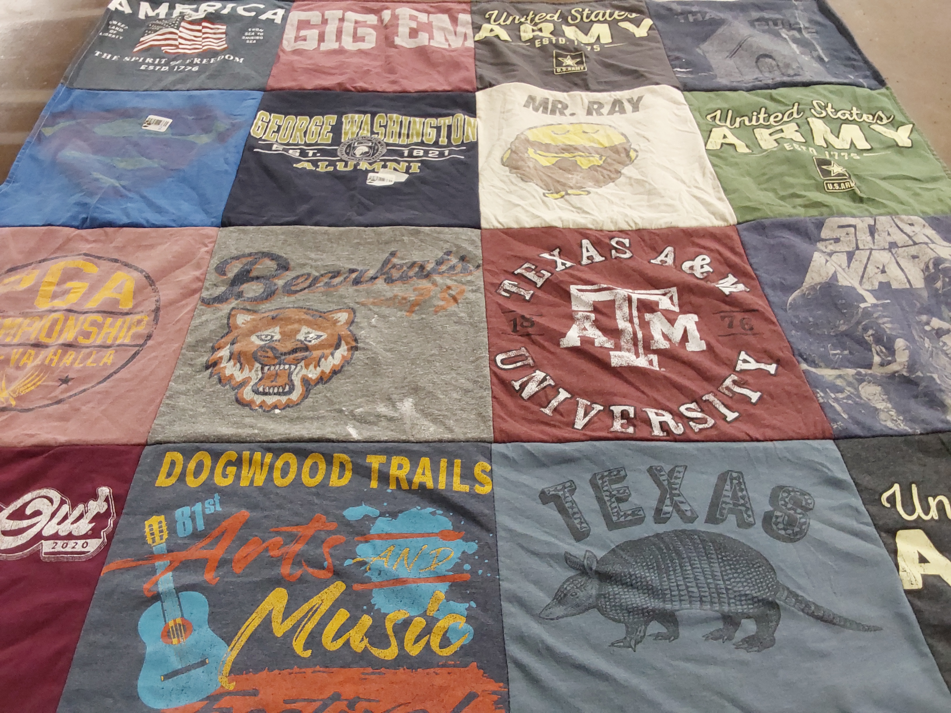 T-shirt quilt from texas a&m university, george washington university by Julie from TX
