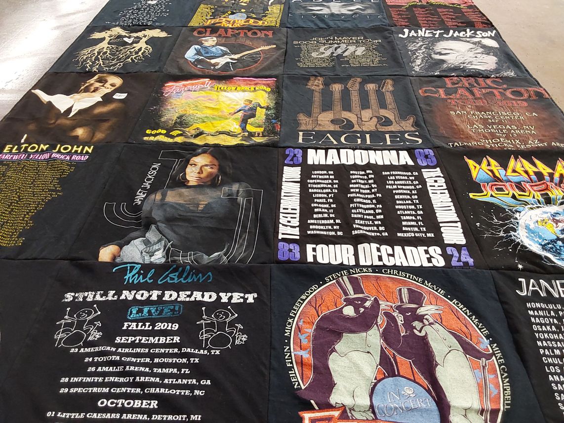 T-shirt quilt with music, concerts themes by Kristyn from AZ