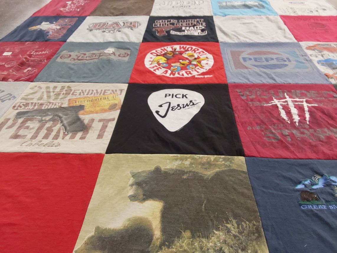 T-shirt quilt with hunting, outdoor activities themes by Lisa from OH
