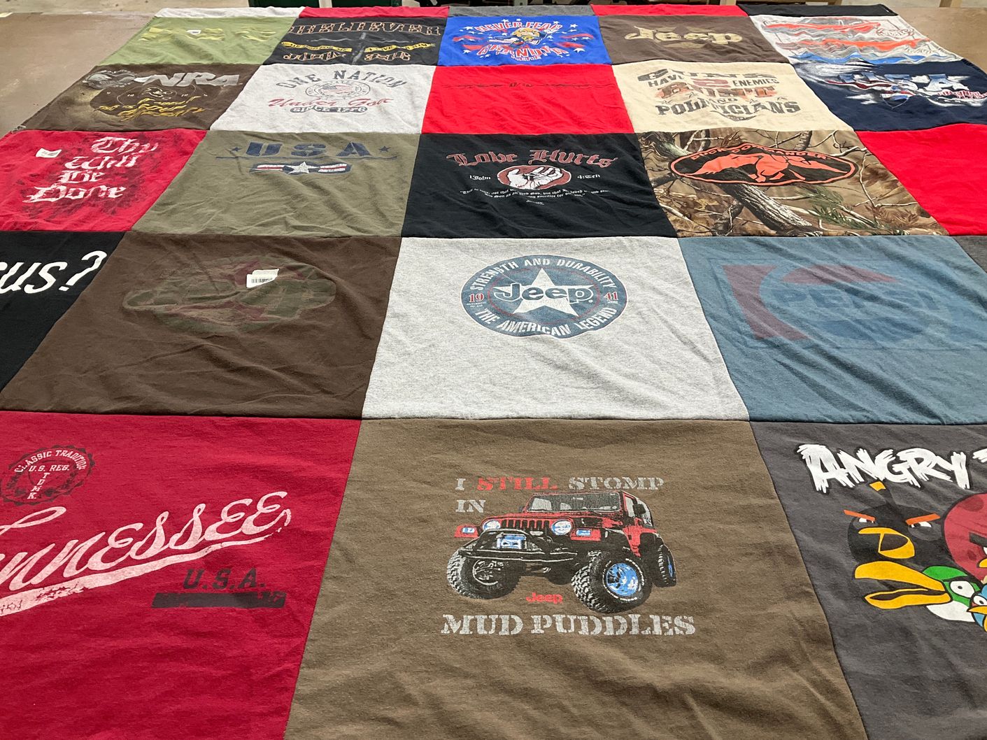 T-shirt quilt with off-roading, nature themes by Lisa from OH