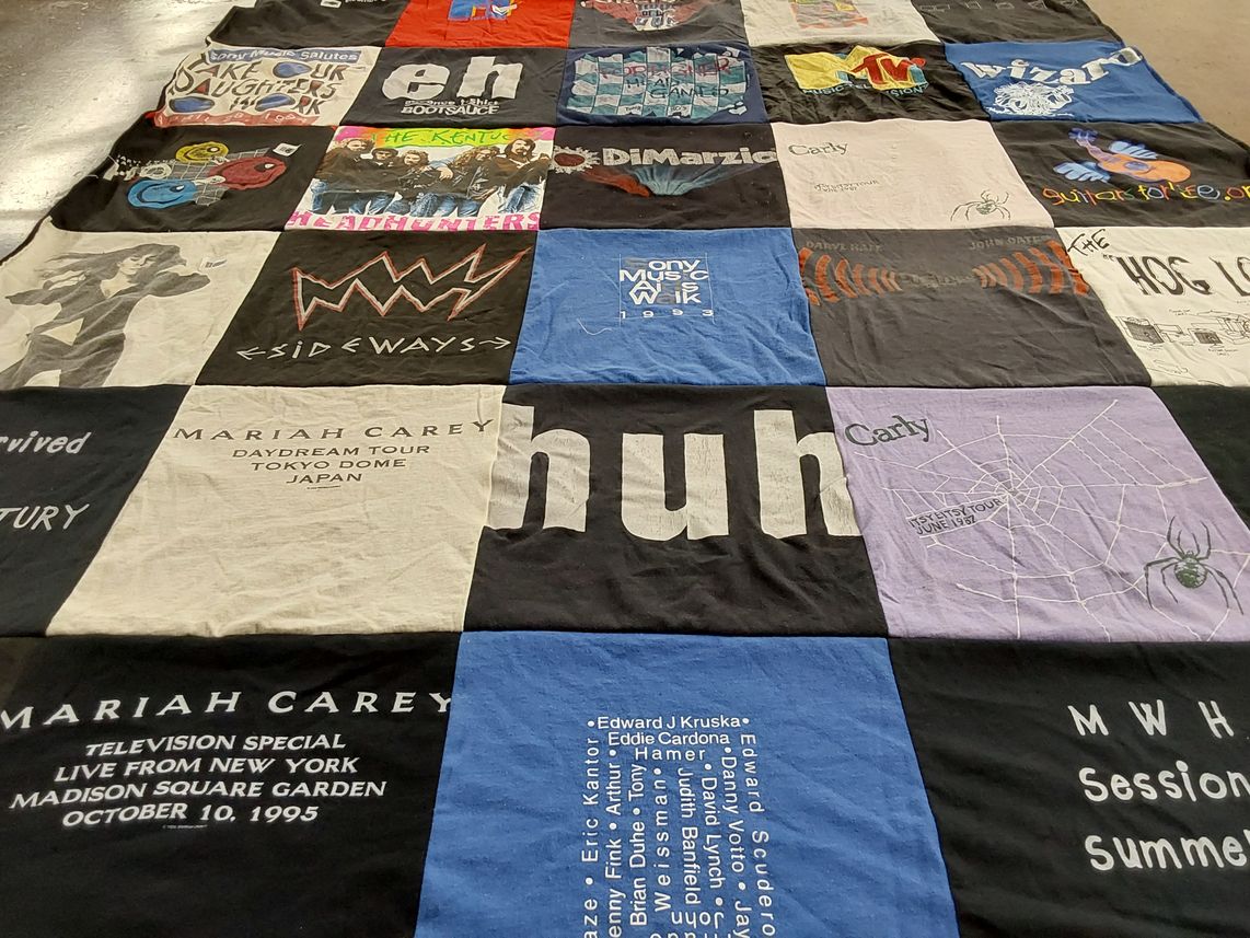T-shirt quilt with music, concerts themes by Valerie from NY