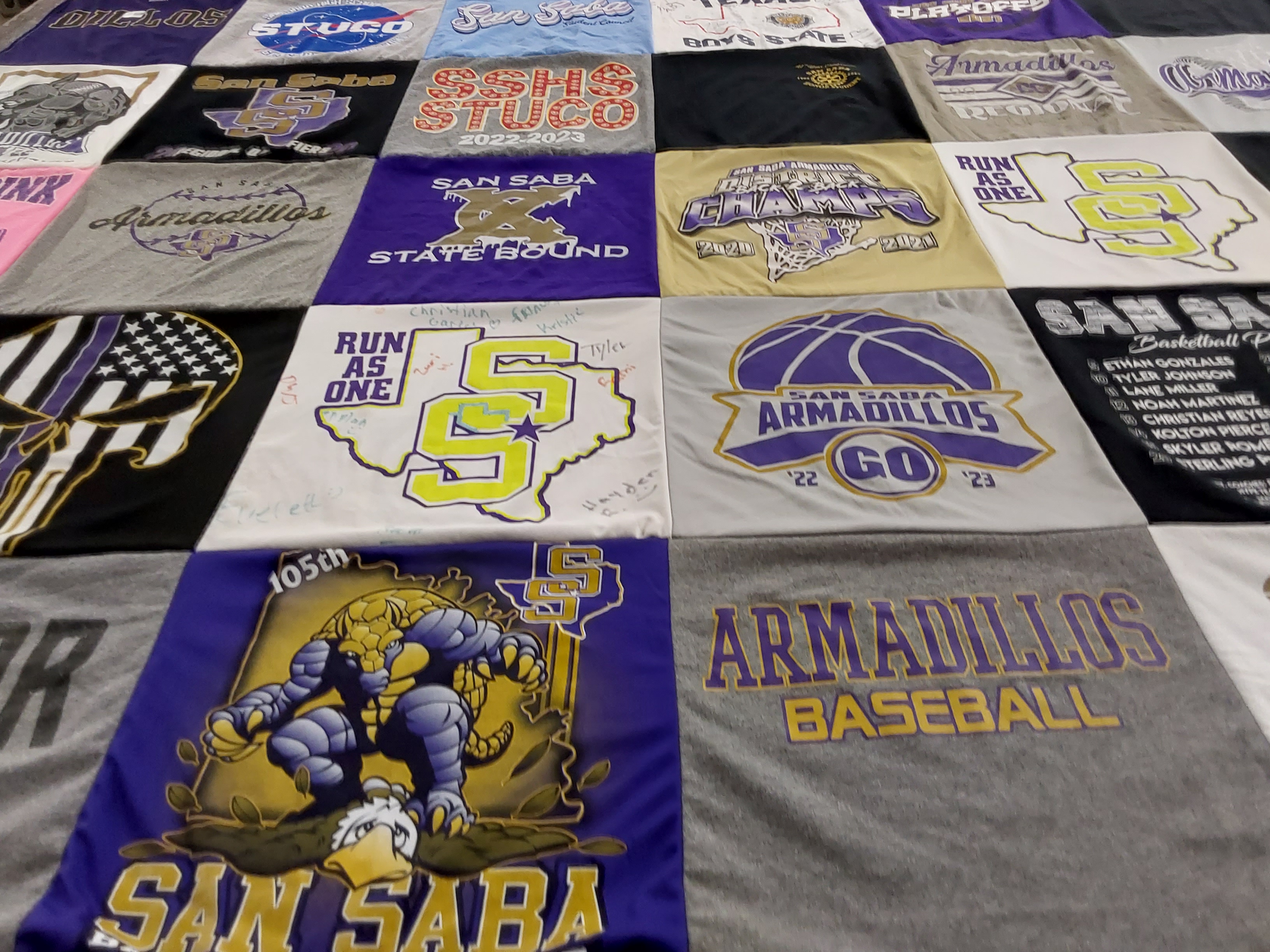 T-shirt quilt featuring san saba armadillos by Brenda from TX