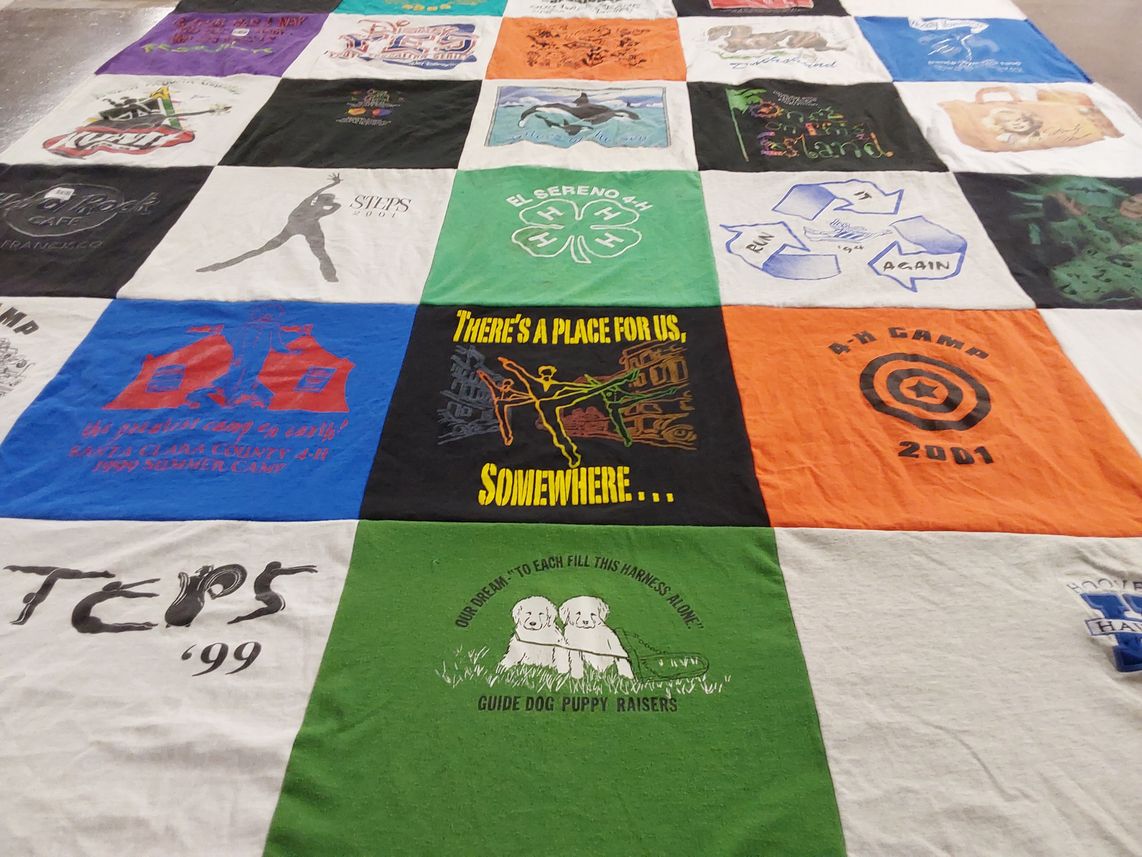 T-shirt quilt with summer camps, animal assistance themes by Virginia from NM