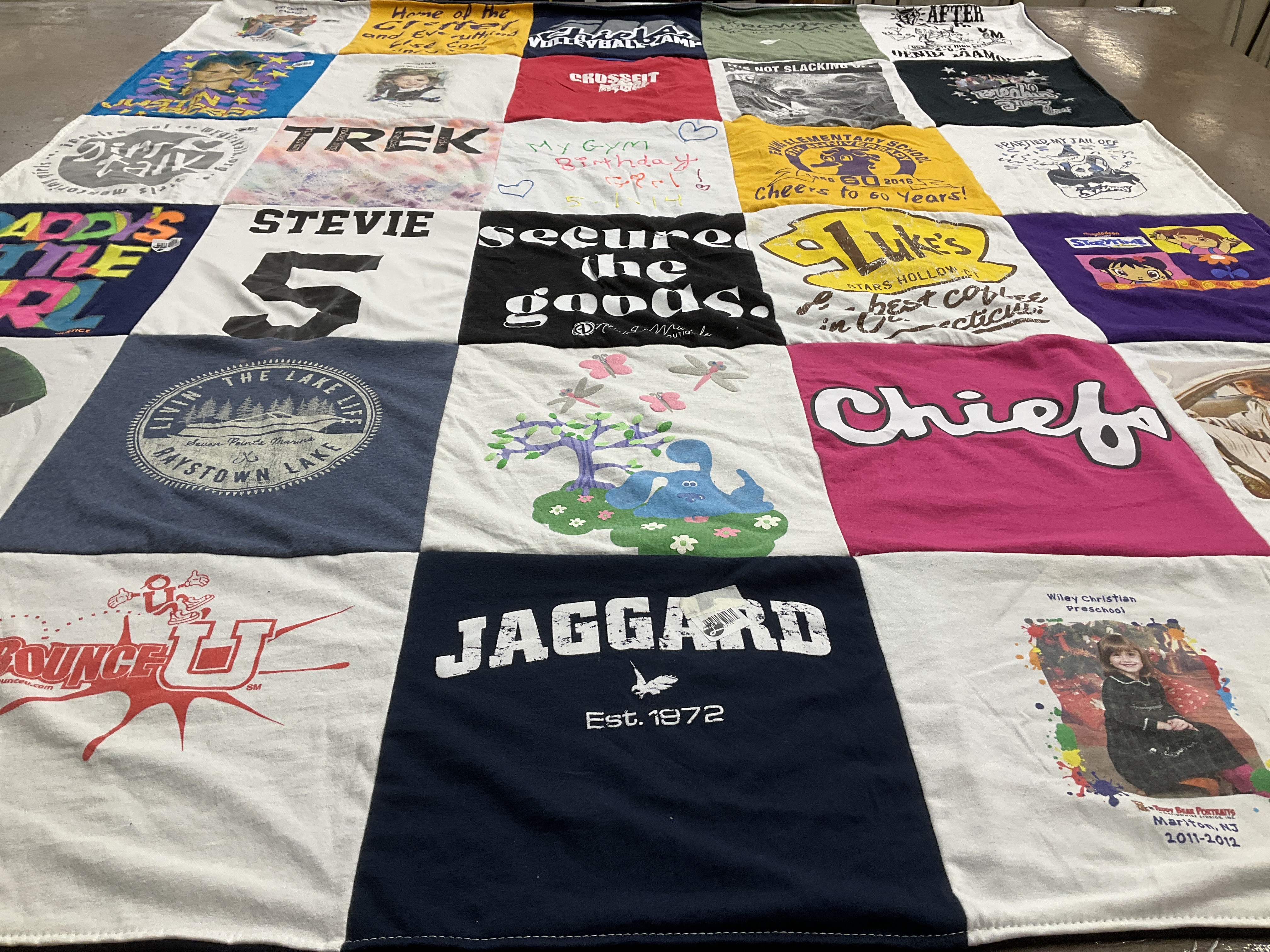 T-shirt quilt with camping, preschool themes by Steven from NJ