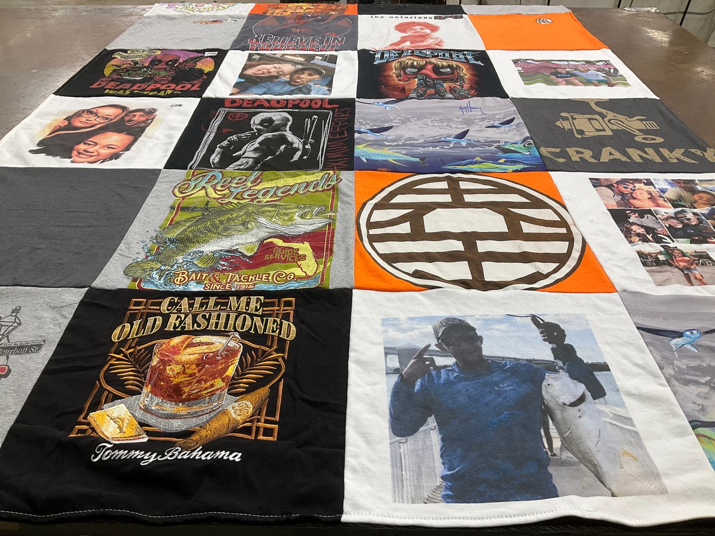 T-shirt quilt with fishing, comics themes by Jessica from FL