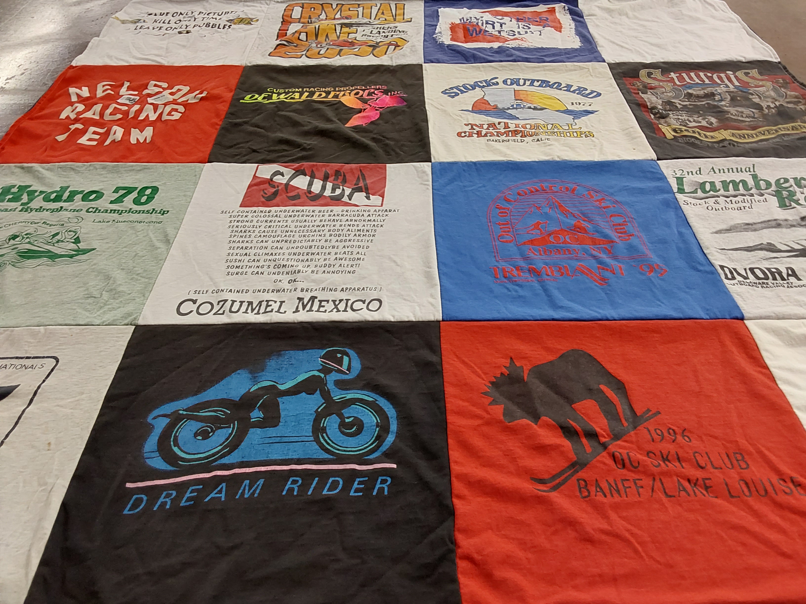 T-shirt quilt with racing, scuba diving themes by R from NY