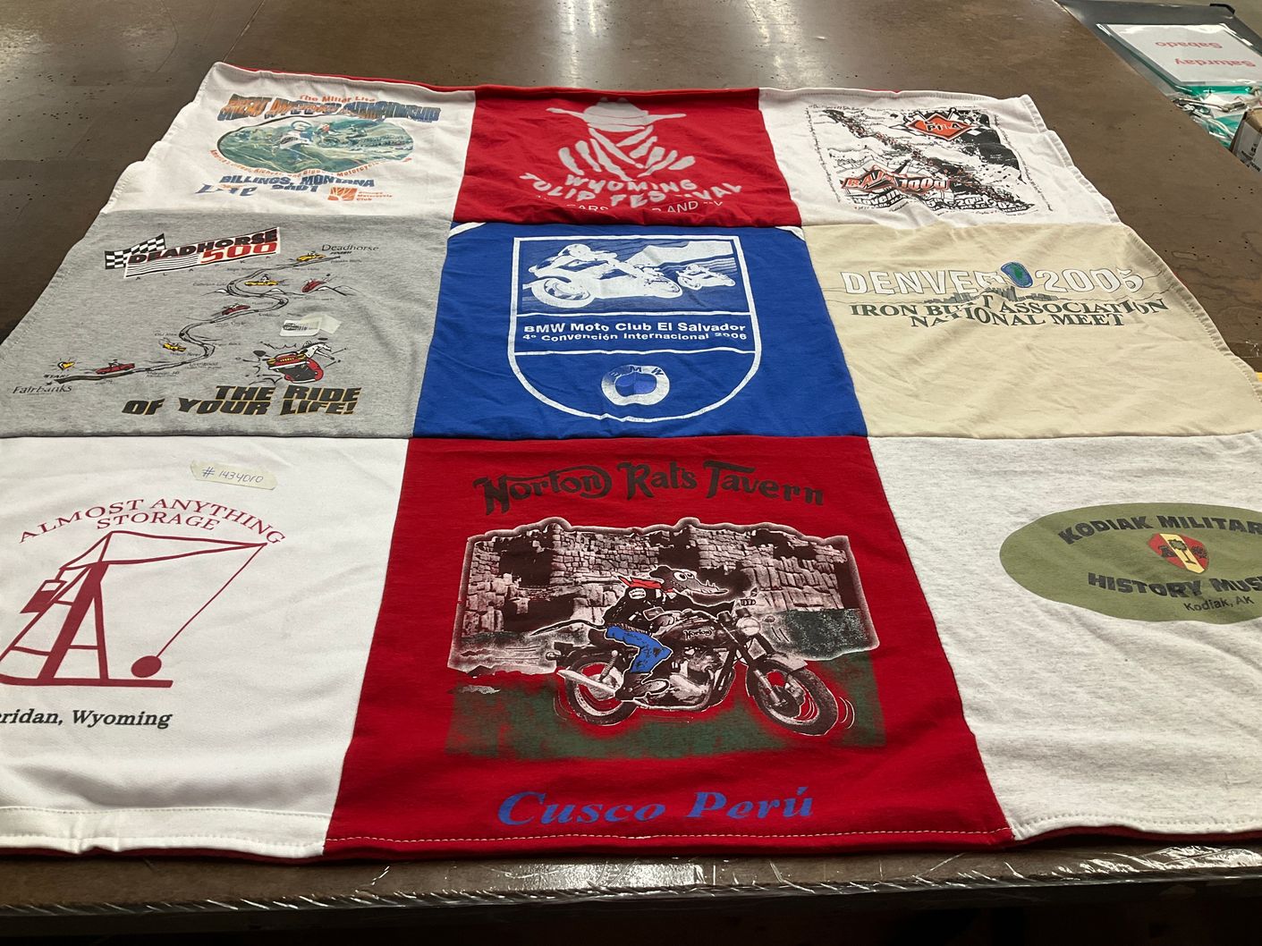 T-shirt quilt with motorcycles, travel themes by jonella from WY