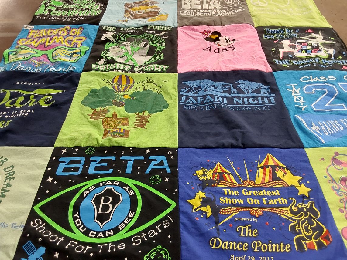 T-shirt quilt with dance, camps themes by Frannie from LA