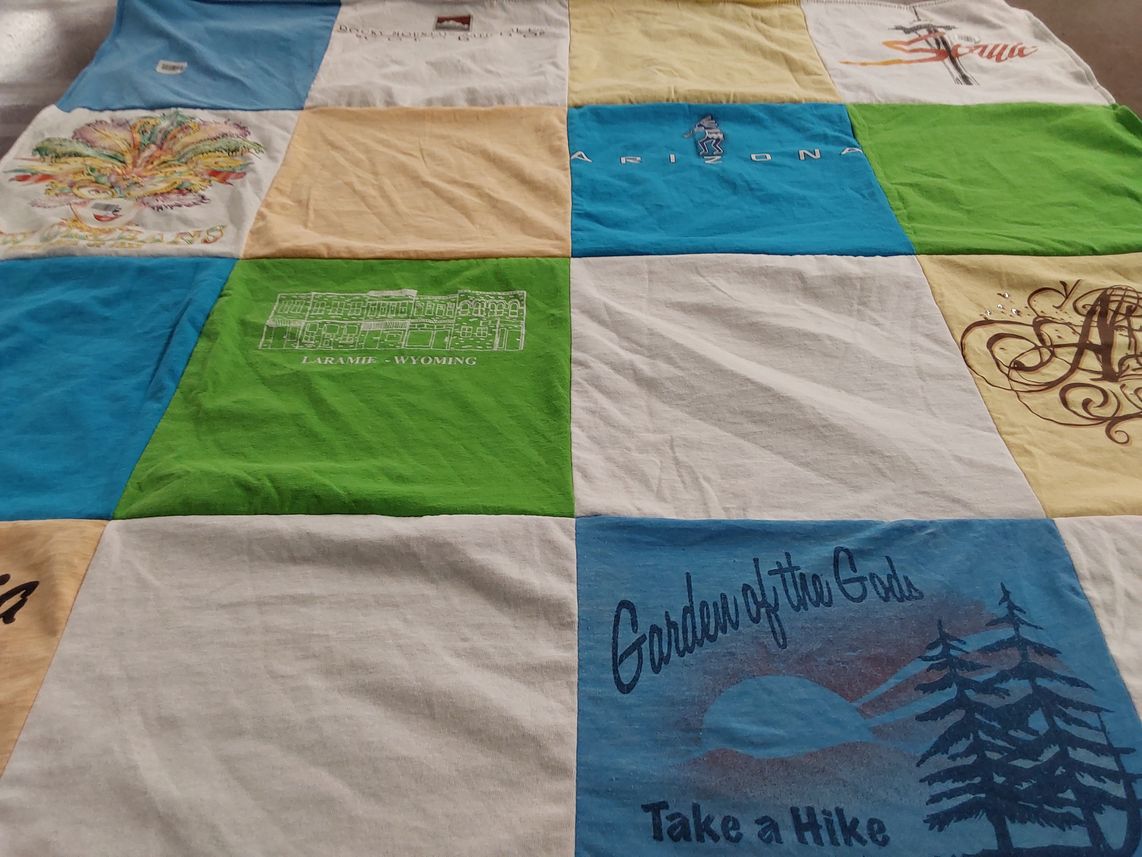 T-shirt quilt with travel, outdoors themes by Elizabeth from VA