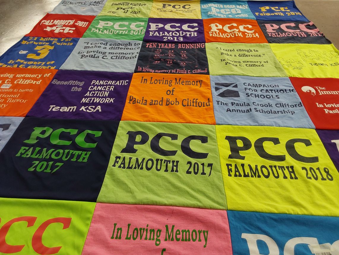 T-shirt quilt with cancer awareness, marathon running themes by Lindsay from MA