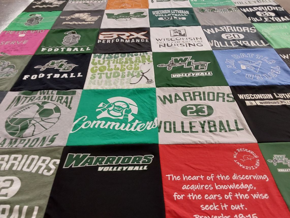 T-shirt quilt featuring wisconsin lutheran college warriors volleyball, wisconsin lutheran college football by FRANK from WI