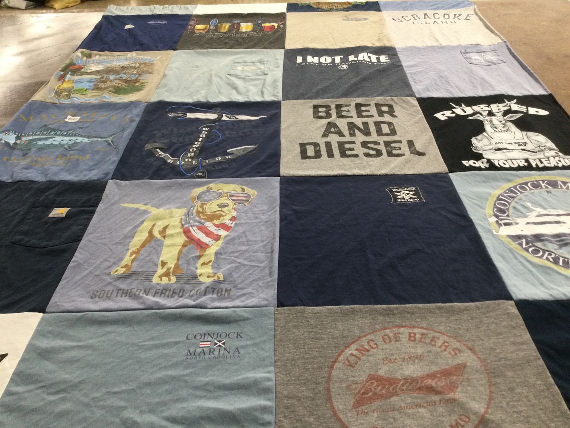 T-shirt quilt with fishing, boating themes by RaeAnn from MD