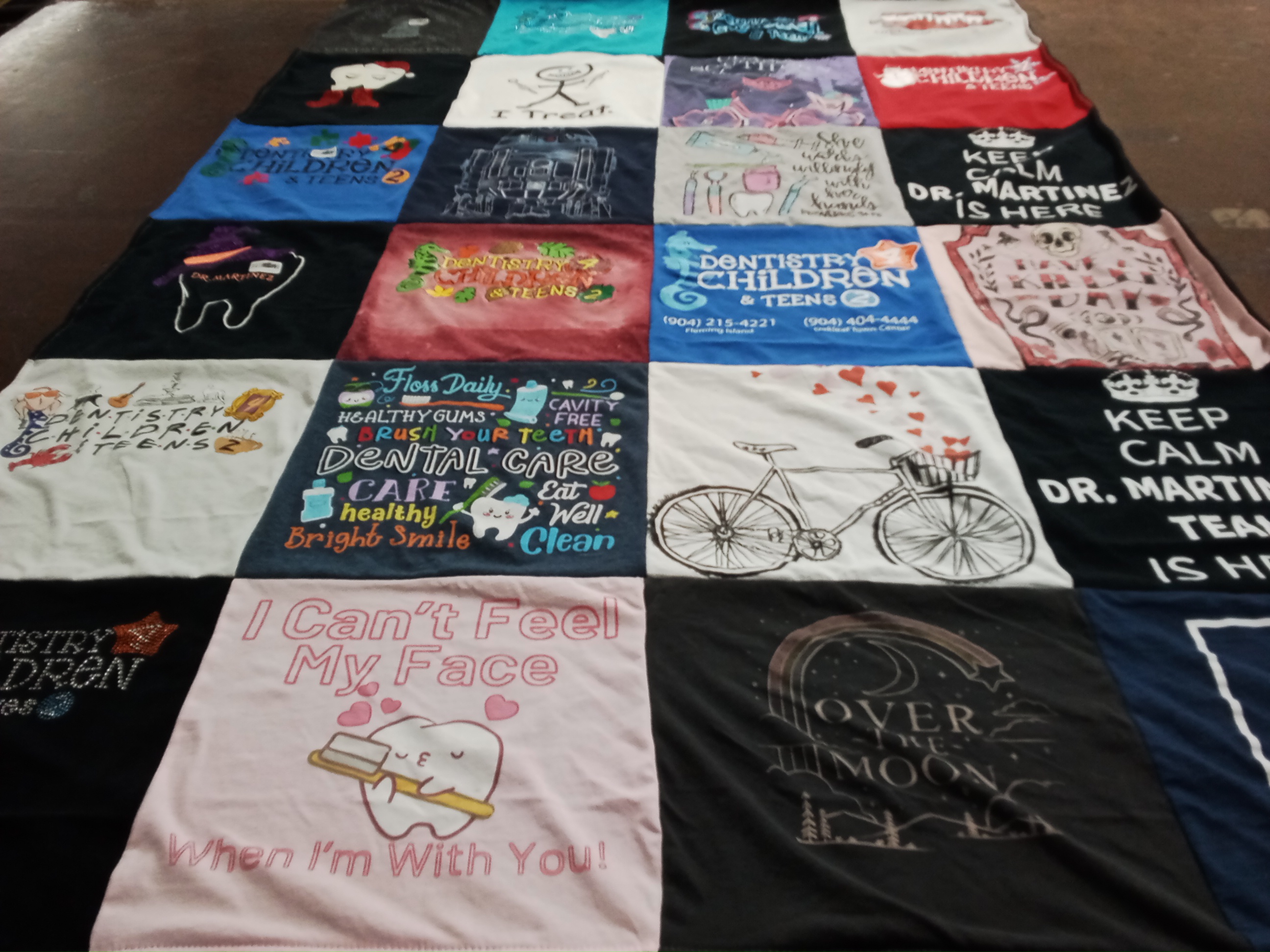 T-shirt quilt with dentistry, healthcare themes by Elaine from FL