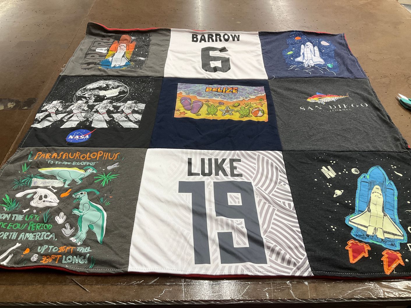 T-shirt quilt with space, dinosaurs themes by Patty from NM