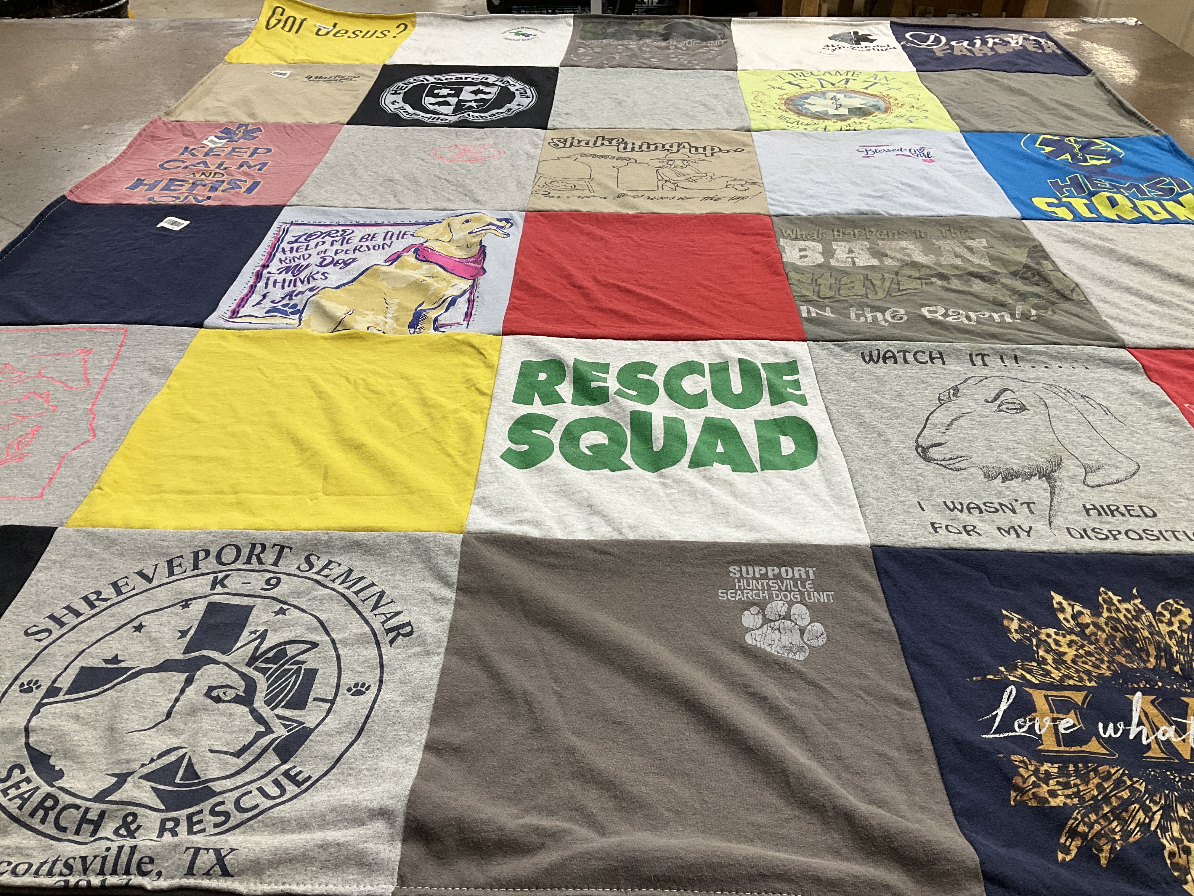 Custom Project Repat t-shirt quilt highlighting animal rescue, dog training themes.