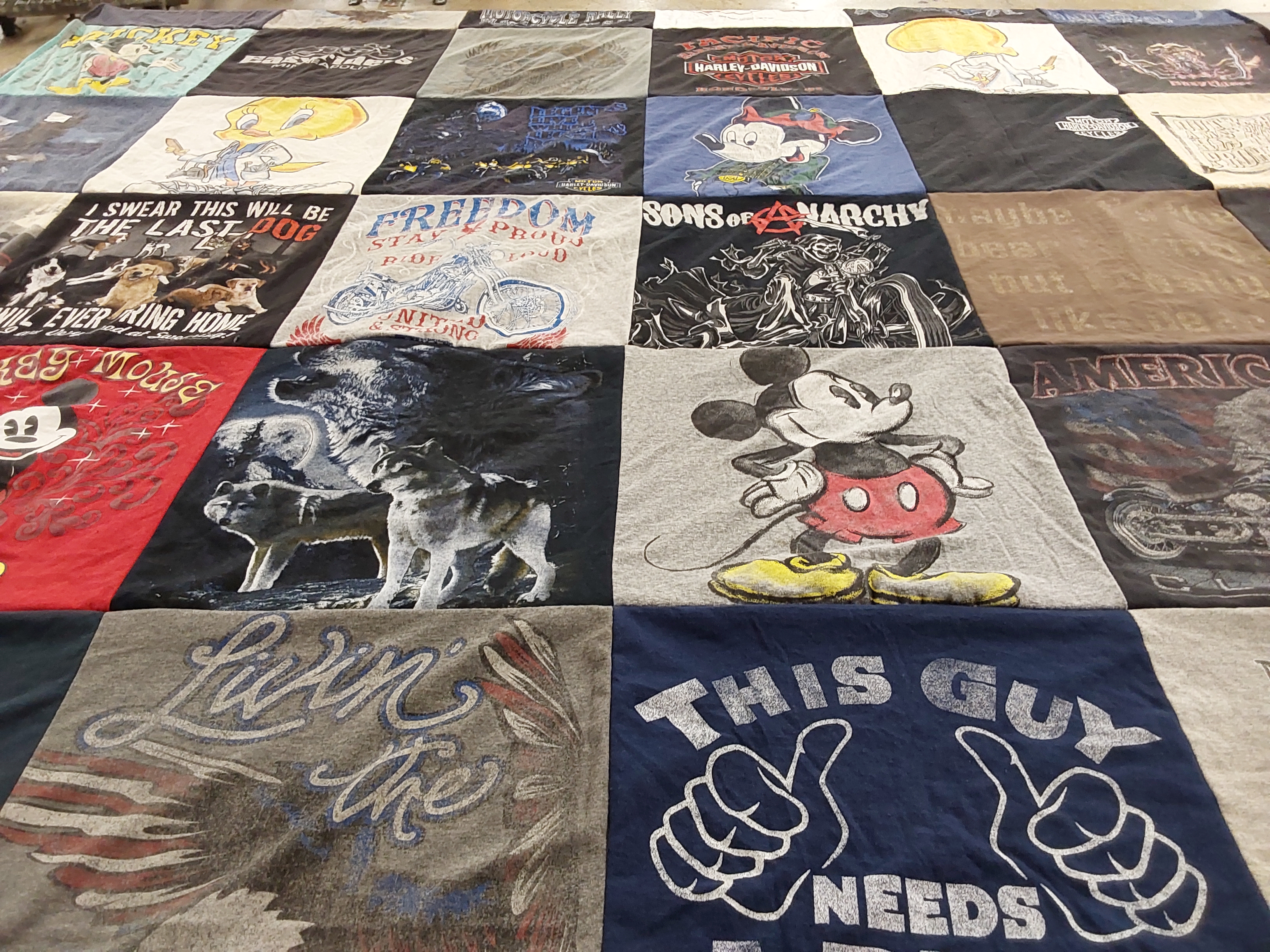 T-shirt quilt with motorcycles, dogs themes by CARRIE from MN