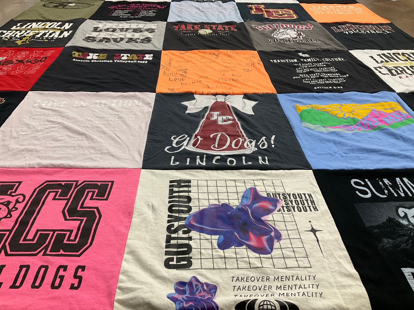 T-shirt quilt featuring lincoln college volleyball by Sue from NY