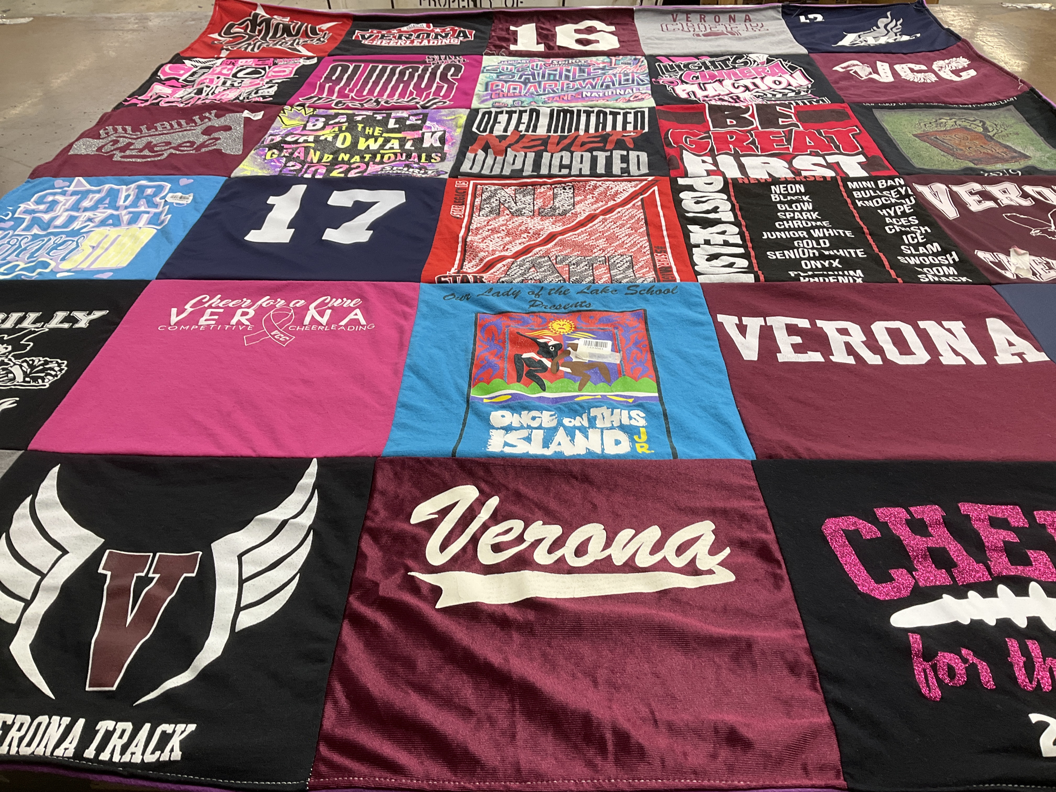 T-shirt quilt featuring verona high school cheerleading, verona track team by Peggy from NJ