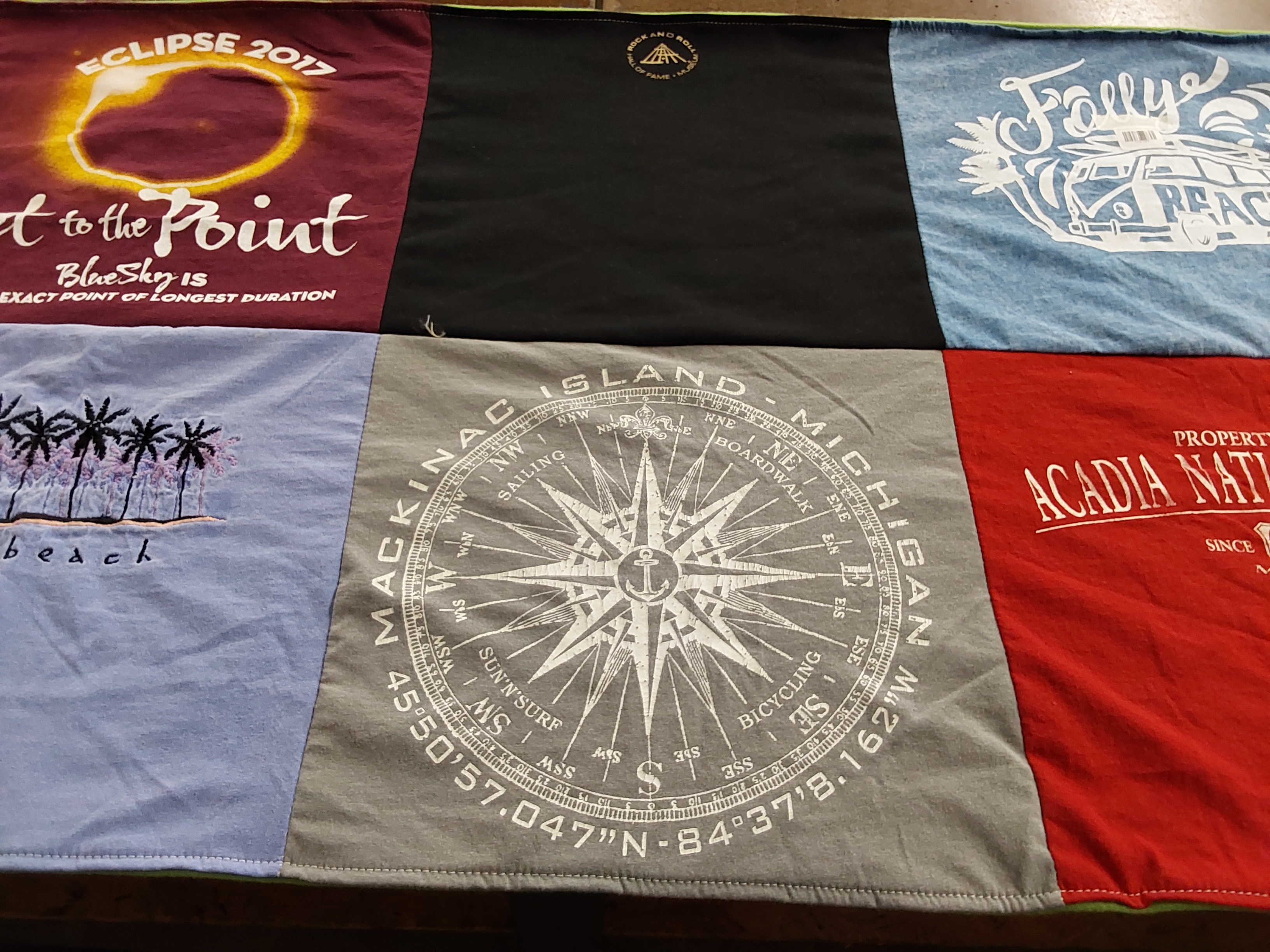 T-shirt quilt with travel, beaches themes by Mary from MO