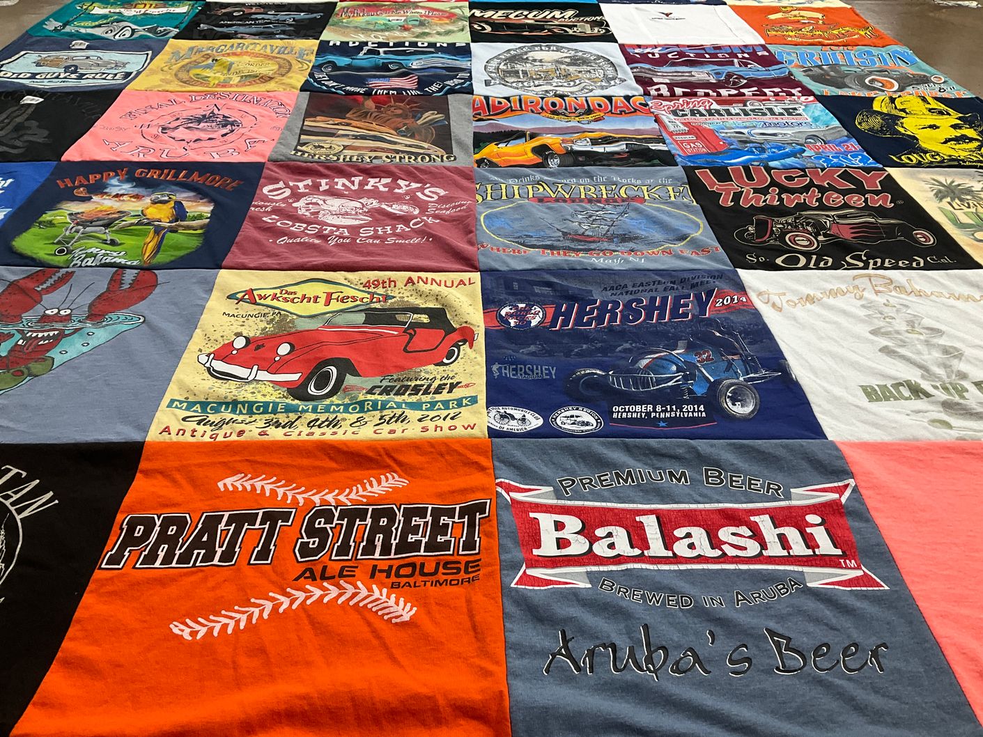 T-shirt quilt with car shows, beer themes by Mallory from NJ